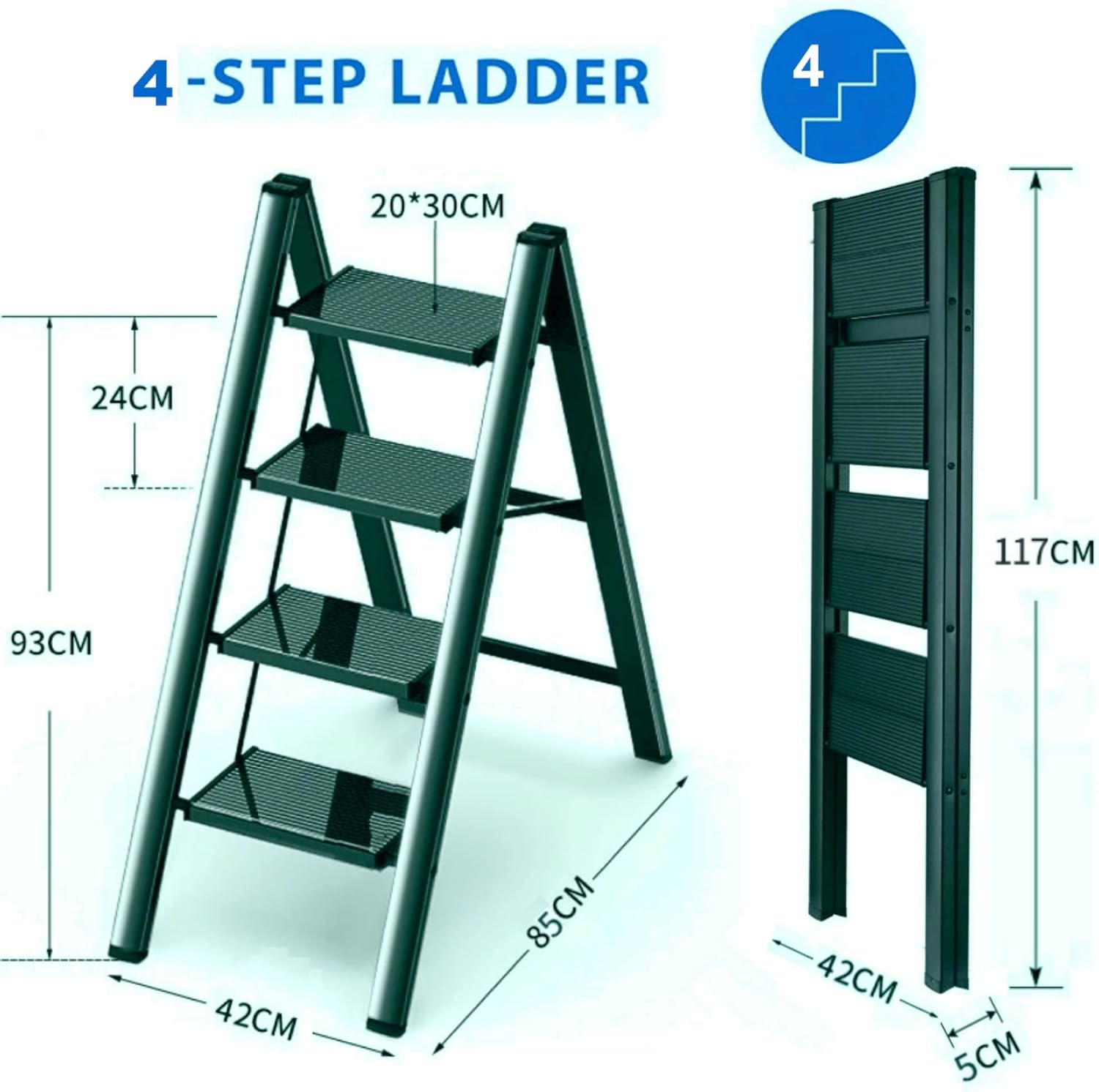 HEXAR GECKO 4 Step Ladder Folding Step Stool with Wide Anti-Slip Pedal 150kg Portable Ladders for Home and Office Use Kitchen (4 Step Ladder), HX270