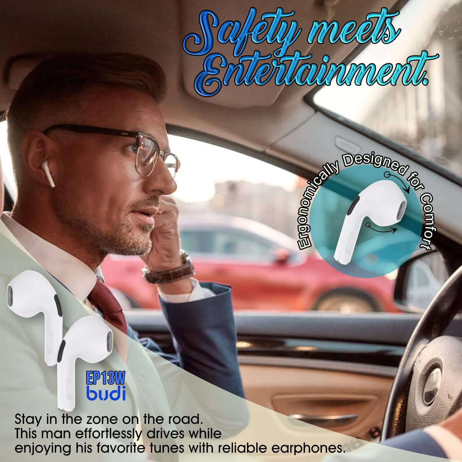 Budi Earbuds TWS/Wireless Charger BT | 15 Hours | 5.0 Bluetooth | High-Fidelity Stereo Loudspeakers | Noise Cancelling | Compatible with Galaxy S2,S21+,S21, Note 20,10, etc. - White