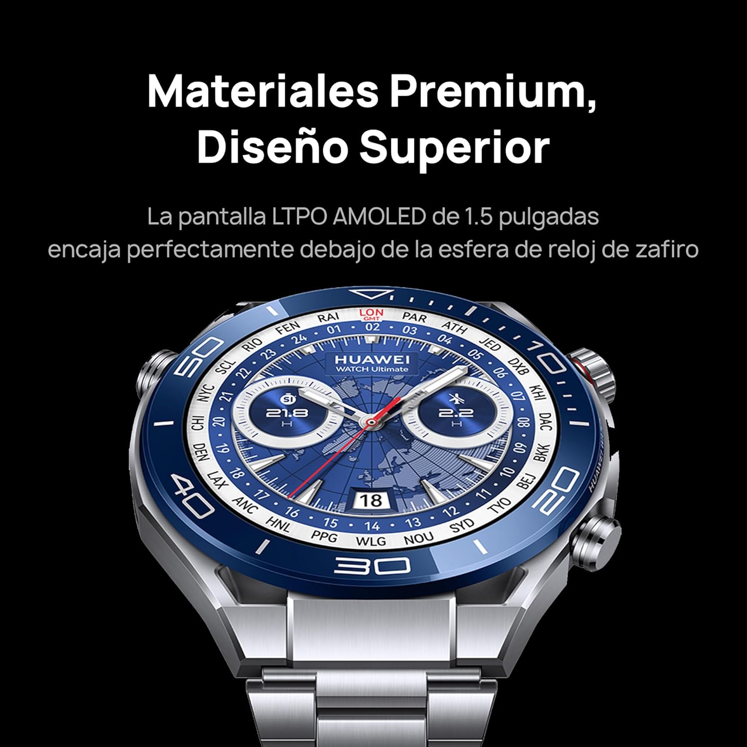Huawei WATCH Ultimate, 1.5-inch AMOLED dial, zirconium-based liquid mineral, nano-ceramic bezel, 100m water resistant, up to 14 days battery life, Android and iOS compatible, titanium strap