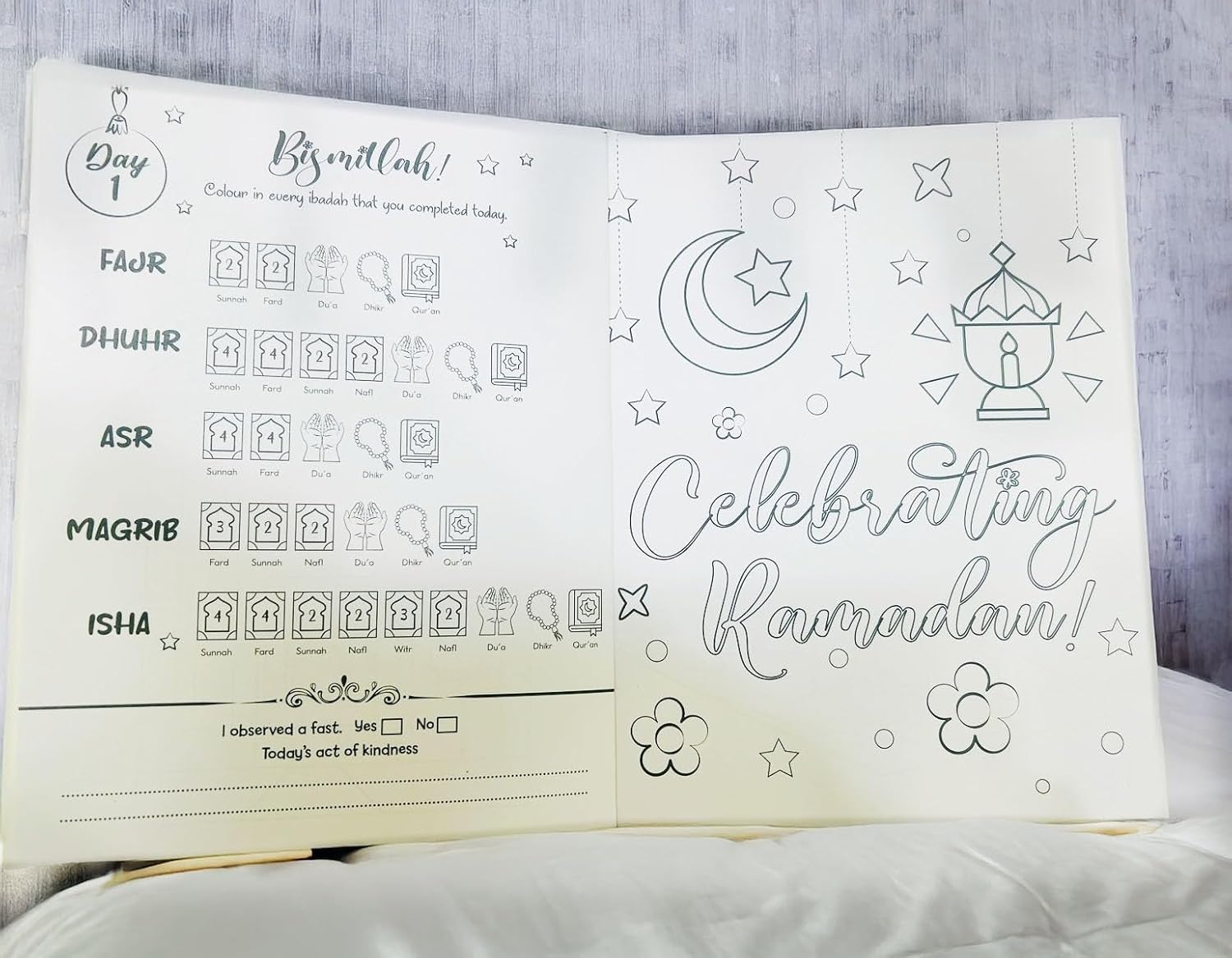 Ramdan Themed Colouring Book for Kids with Dialy Prayer Tracker for Boys and Girls