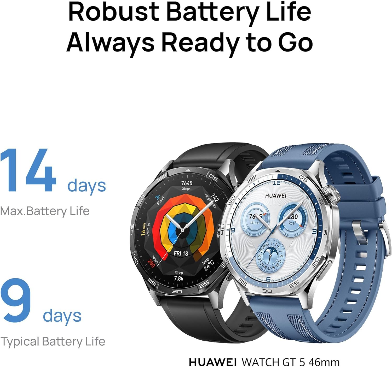HUAWEI WATCH GT5 46mm Smartwatch, upto14 Days Battery Life,Sharp-Edged Design, Health Tracking, iOS & Android Compatible, Blue