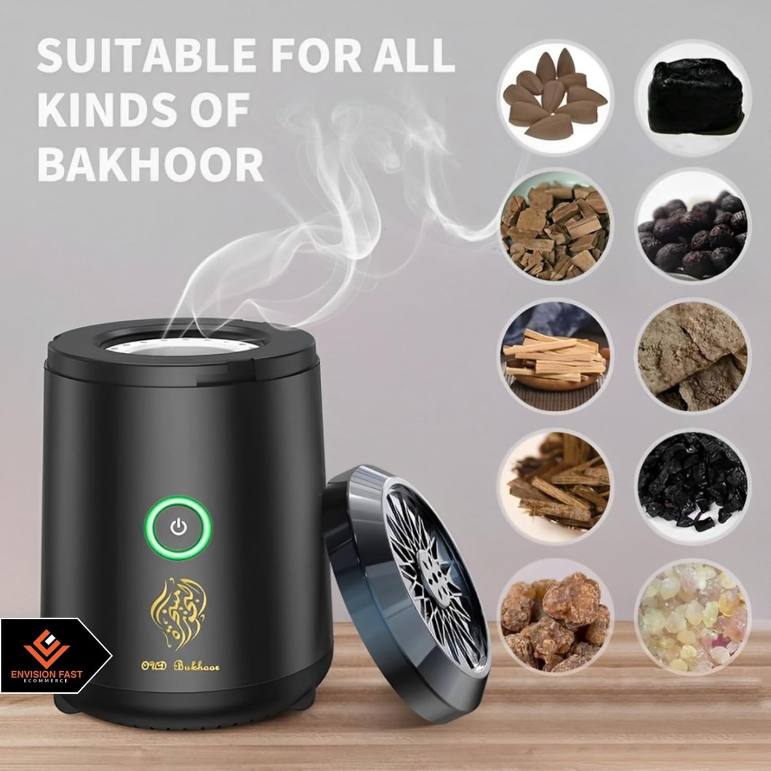 Envision Fast™ Elegant Electric Bakhoor and Incense Burner—a portable, USB rechargeable aroma diffuser perfect for home, car, office, or camping. Enjoy calming scents anywhere with this car diffuser.