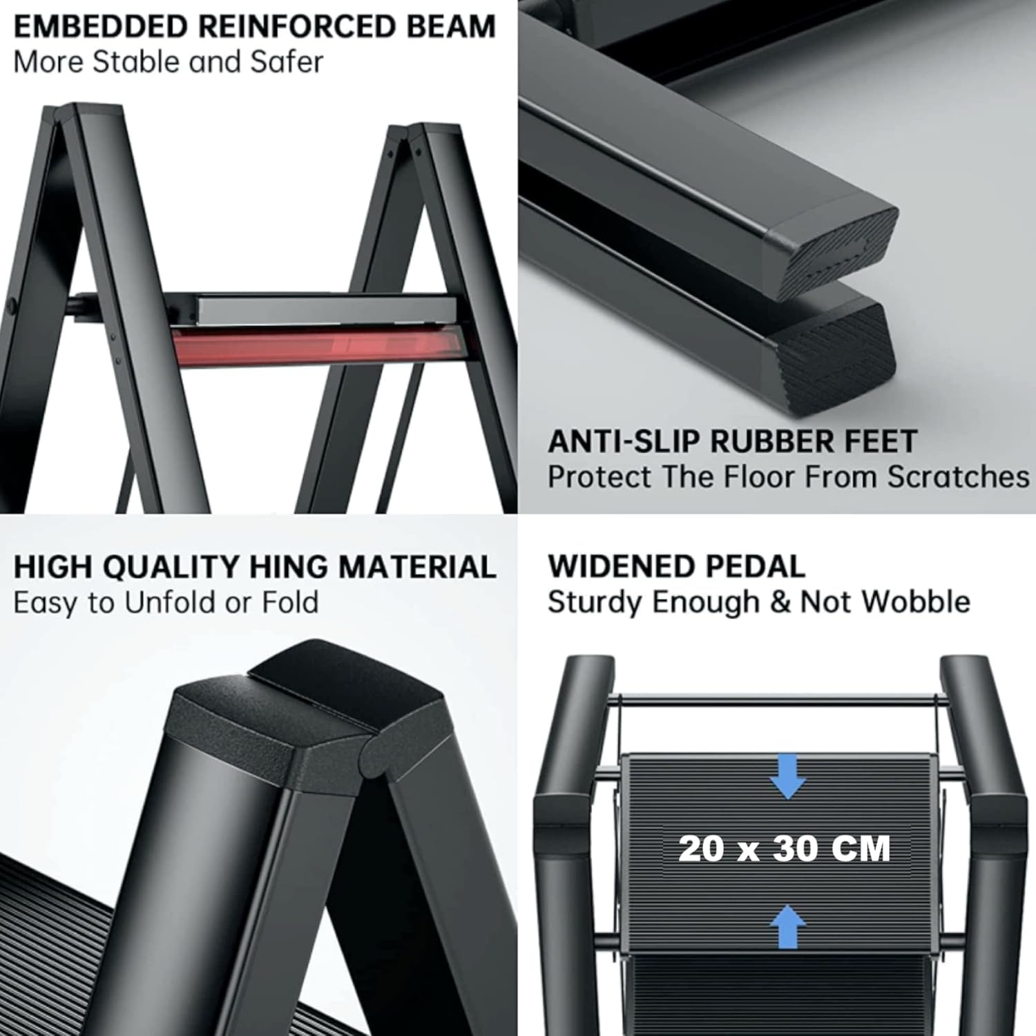 HEXAR GECKO 4 Step Ladder Folding Step Stool with Wide Anti-Slip Pedal 150kg Portable Ladders for Home and Office Use Kitchen (4 Step Ladder), HX270