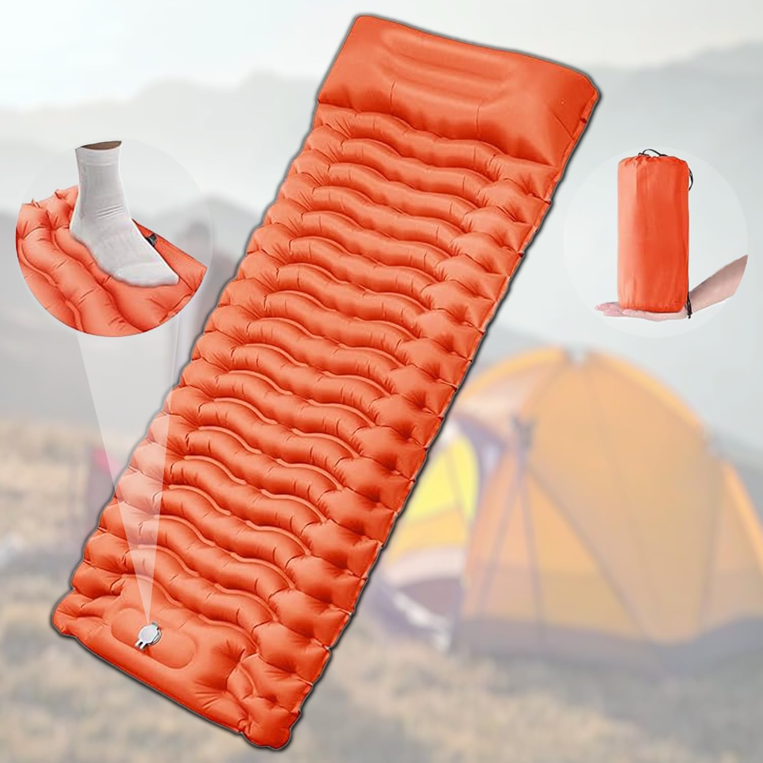HEXAR Self Inflating Sleeping Pad with Foot Pump 190X64 Built-in Pump Foldable Sleeping Mat with Pillow for Camping Hiking Durable Inflatable Air Mattress - Carry Bag, Repair Patches (Bright Orange)