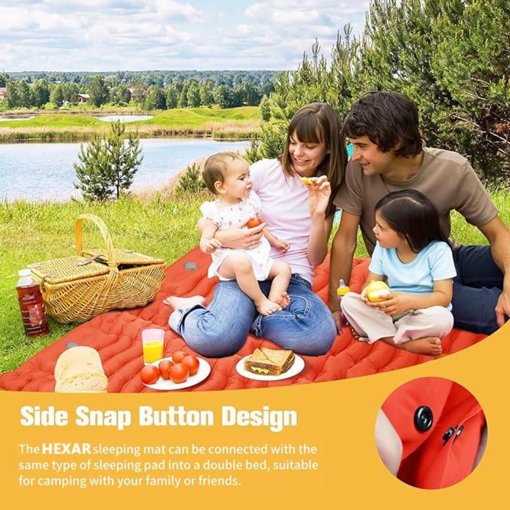 HEXAR Self Inflating Sleeping Pad with Foot Pump 190X64 Built-in Pump Foldable Sleeping Mat with Pillow for Camping Hiking Durable Inflatable Air Mattress - Carry Bag, Repair Patches (Bright Orange)