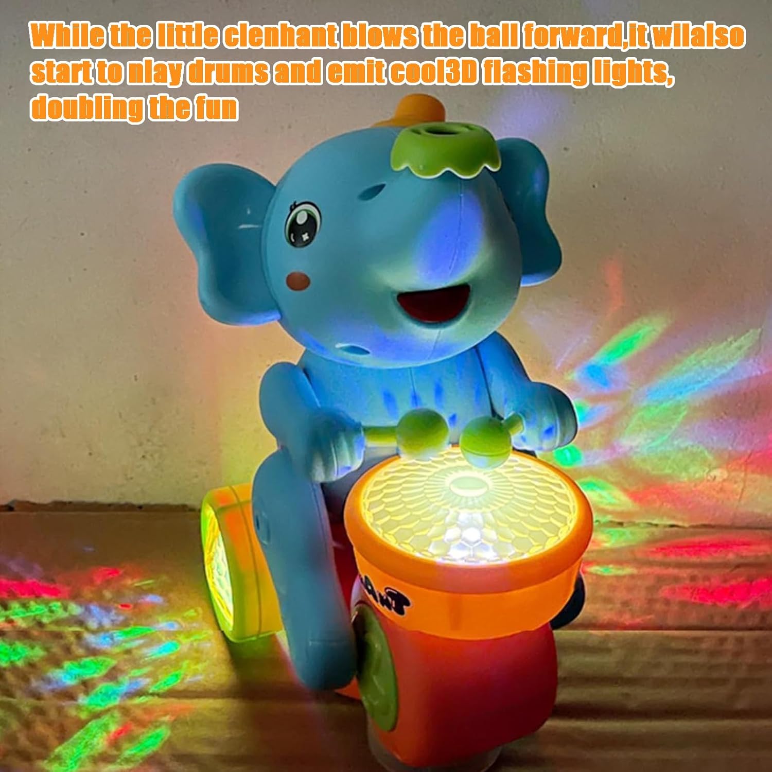 ZRW Elephant Toy - Blowing Ball, Drum & LED Light Electric Toy for Babies 6-12 Months (Blue)