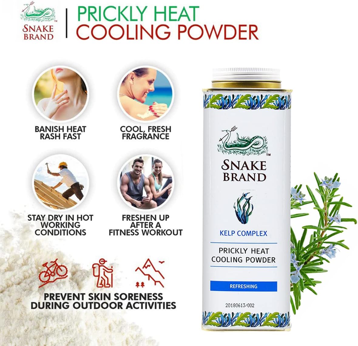 Snake Brand Prickly Heat Cooling Talcum Powder | For Heat & Rash Treatment (280g, Refreshing)