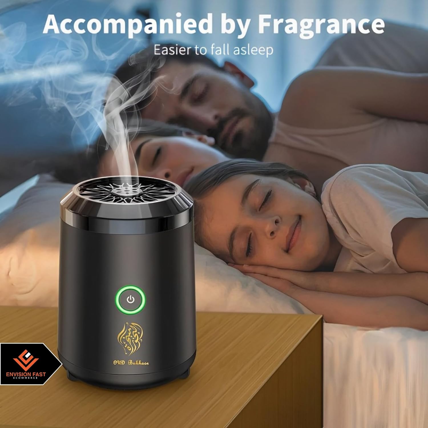 Envision Fast™ Elegant Electric Bakhoor and Incense Burner—a portable, USB rechargeable aroma diffuser perfect for home, car, office, or camping. Enjoy calming scents anywhere with this car diffuser.