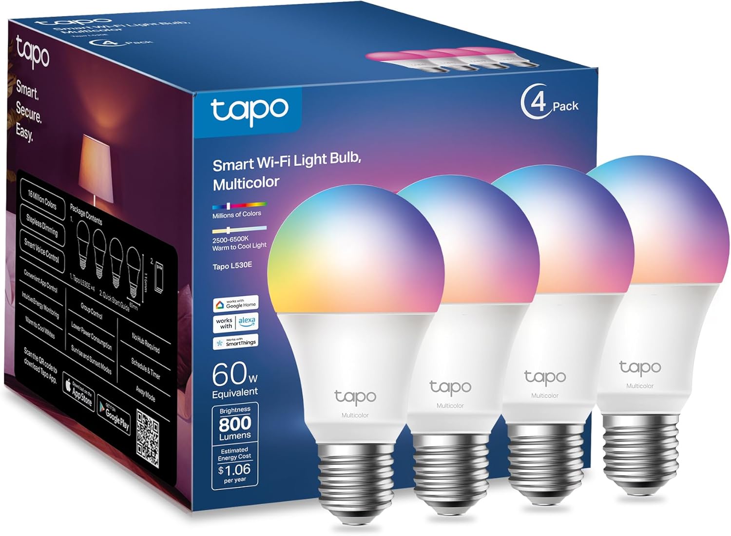 Tapo Smart Wi-Fi Light Bulb, Multicolor, 4-Pack