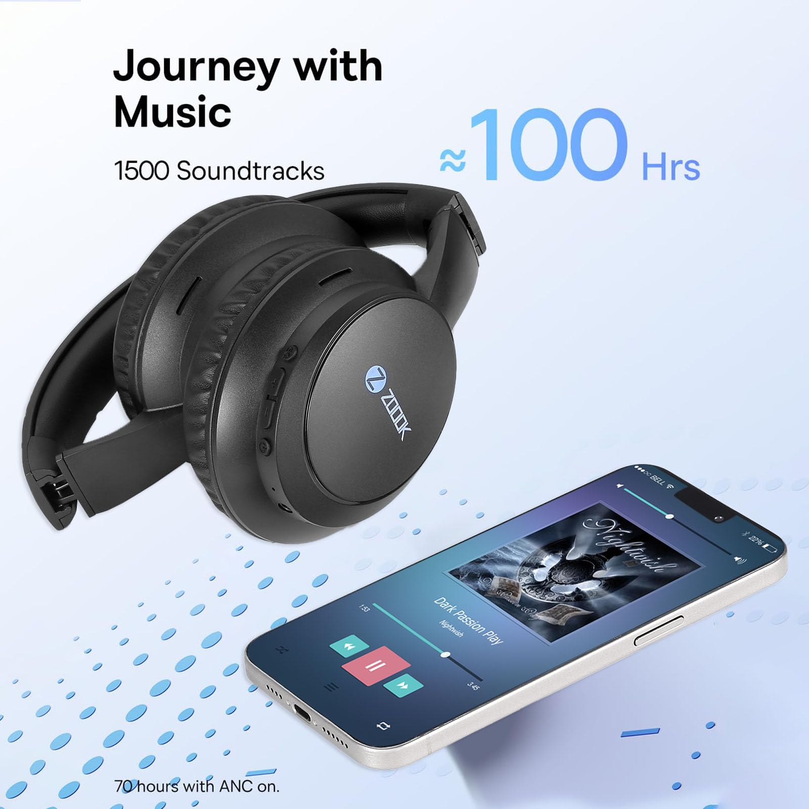 ZOOOK ENIGMA Wireless Headphones Bluetooth 5.0 Over-Ear Headset with Mic Hybrid Active Noise Cancelling Hi-Res Audio 30H Battery Wearing Detection Foldable for Travel, Work, Music, Call UAE Version, Black