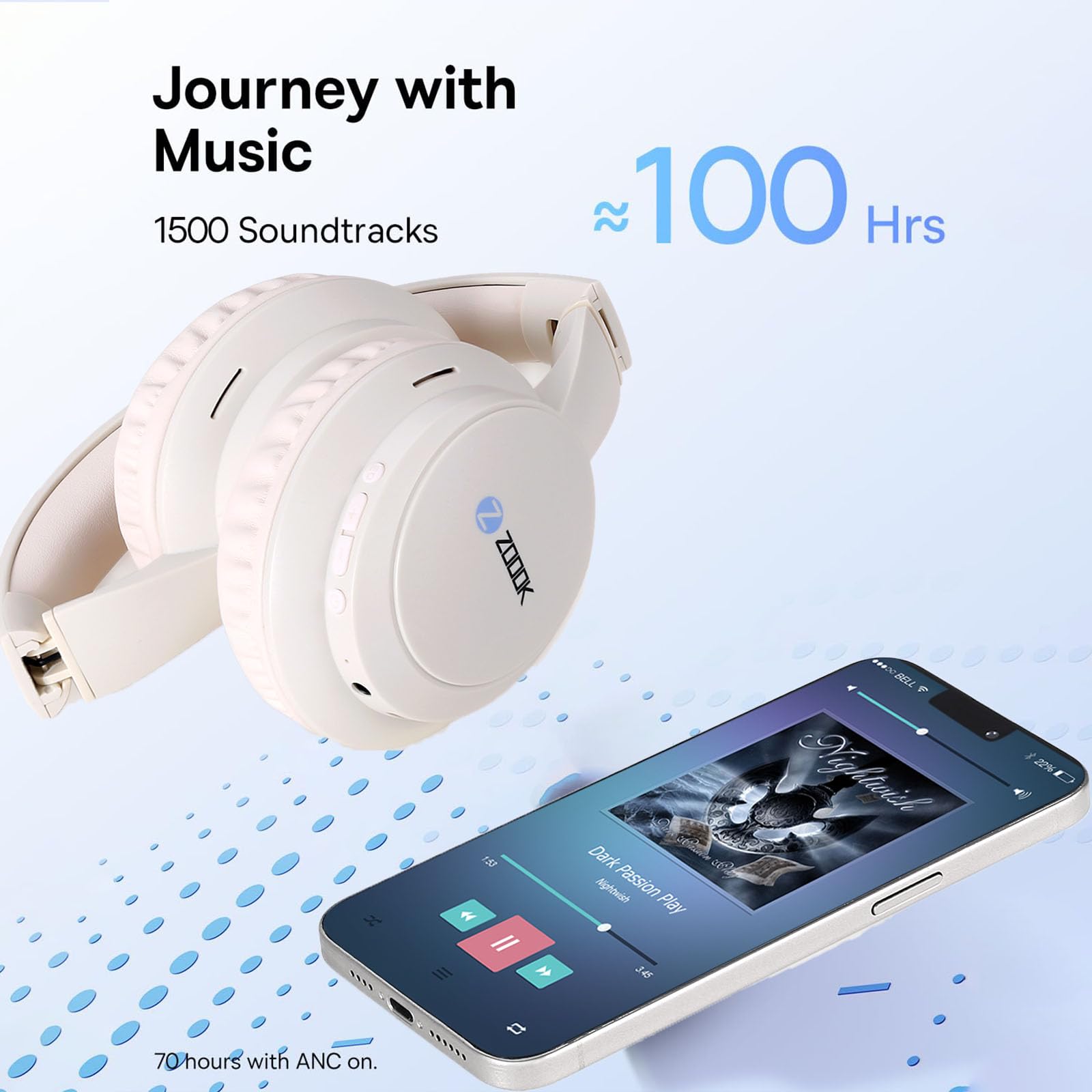 ZOOOK ENIGMA Wireless Headphones Bluetooth 5.0 Over-Ear Headset with Mic Hybrid Active Noise Cancelling Hi-Res Audio 30H Battery Wearing Detection Foldable for Travel, Work, Music, Call UAE Version,  Beige