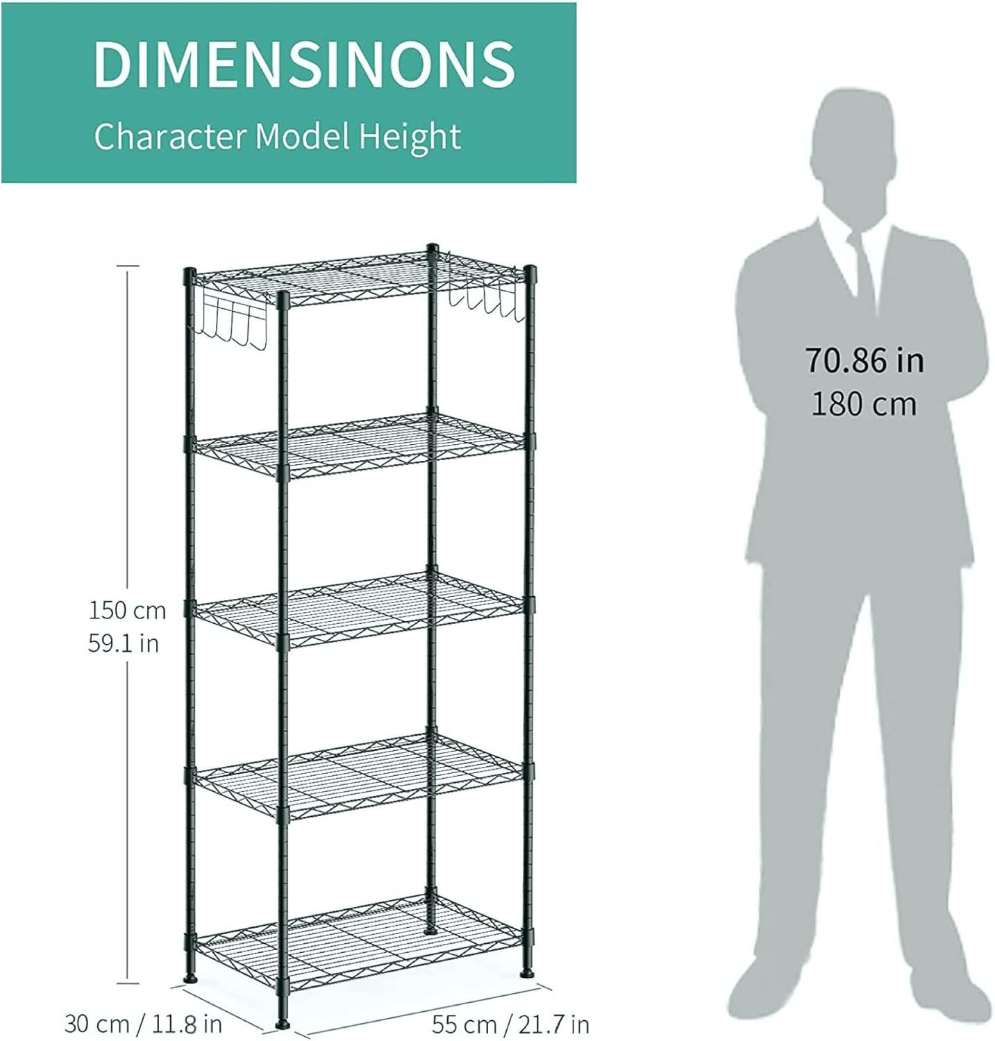 HEXAR 5-Tier Wire Storage Shelving Rack Unit for Home, Bathroom, Kitchen, Office, Garage 5 Shelves Unit Metal Kitchen Storage Rack (BLACK)