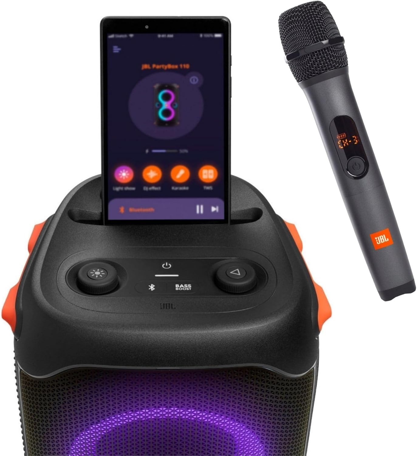 JBL Party Box 110 and Wireless Microphone Bundle Speaker and Microphone with LED Light Effect, 160W Power, 12 Hour Playback, IPX4 Waterproof - Black