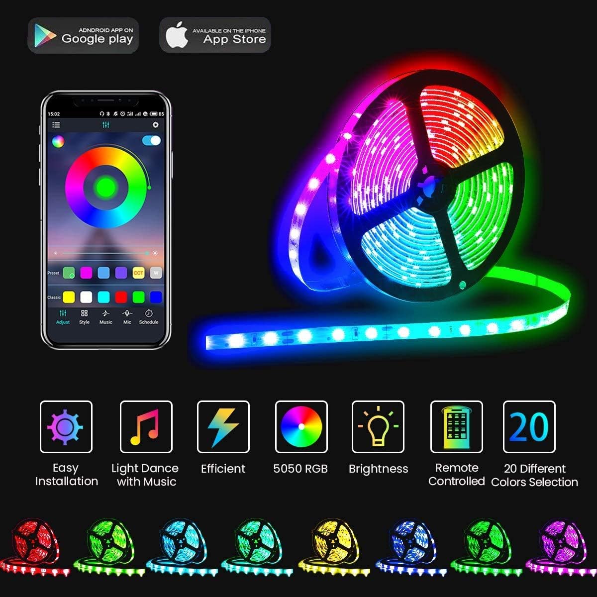 LED Strip Lights, 5m Smart Light Strips Color Changing Sync to Music, 5050 RGB Led Light Remote Control Rope Tape Lighting for Party Home Decoration Bedroom Hotel Outdoor Garden (5m bluetooth)
