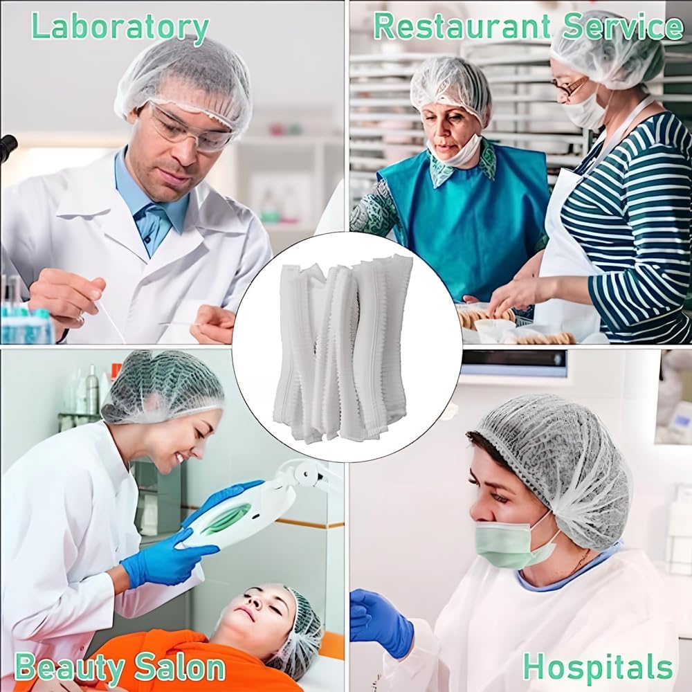 100 Pcs White Disposable Hairnet Head Cover Elastic Bouffant Cap Non-Woven Hair Covering Net for Medical Hospital Lab Restaurants Spa Salons