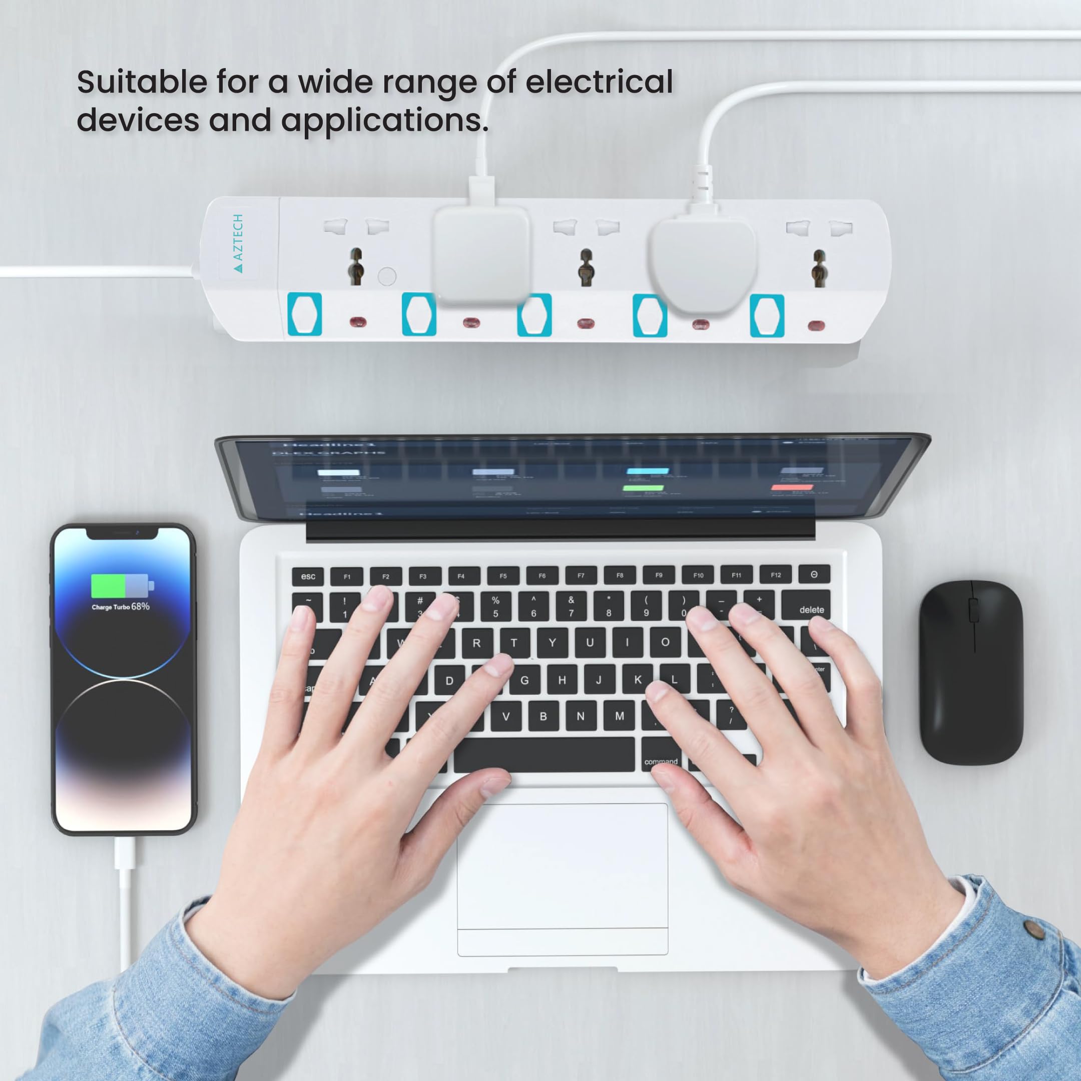 AZTECH 5-Way 3M 3250W Power Extension Cord 5 Universal Outlets Electrical Strip Cable UK Plug Individual Switches & LED Indicators ECAS Certified Power Strip Surge Protector Electronics Power Strips
