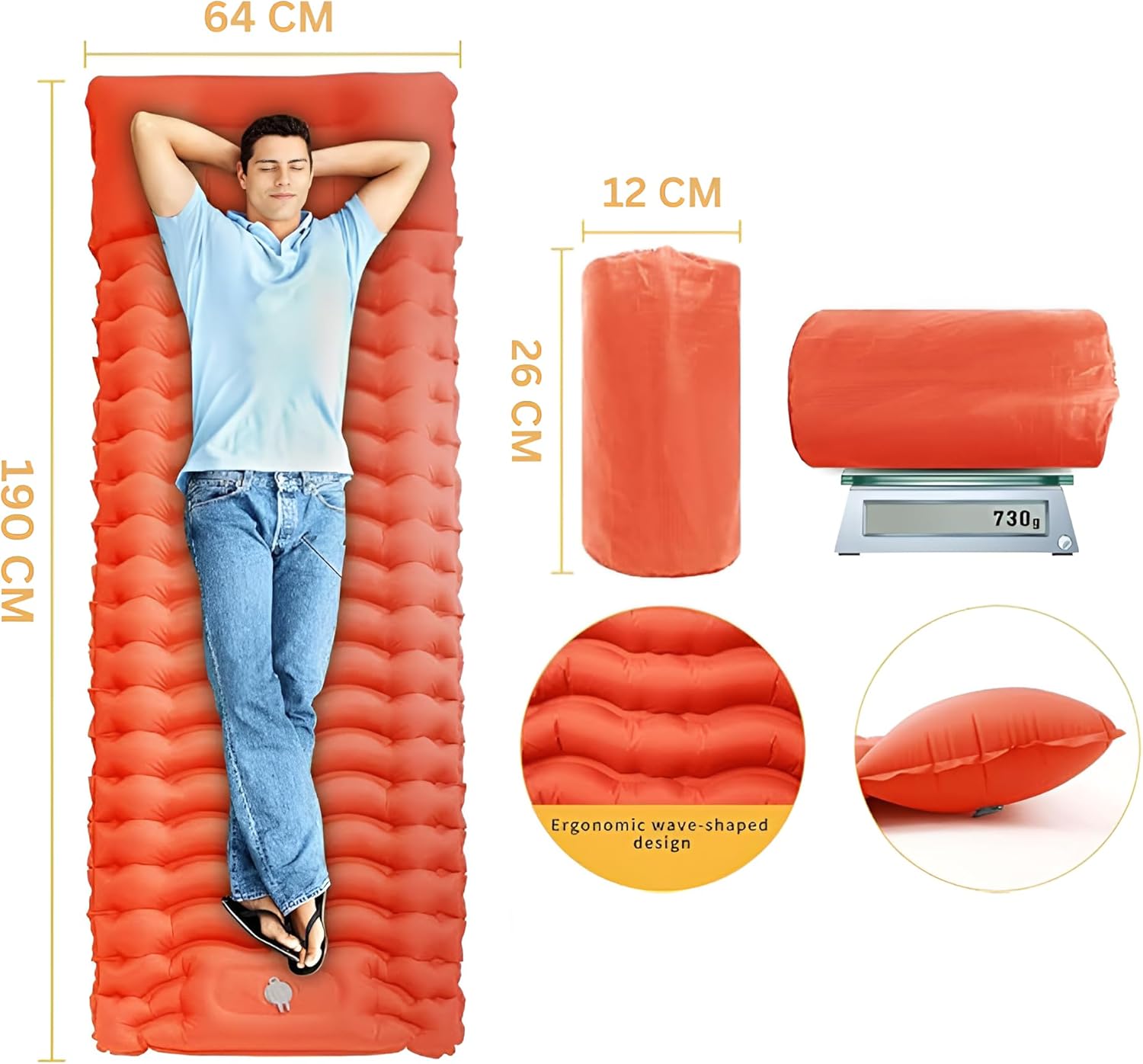 HEXAR Self Inflating Sleeping Pad with Foot Pump 190X64 Built-in Pump Foldable Sleeping Mat with Pillow for Camping Hiking Durable Inflatable Air Mattress - Carry Bag, Repair Patches (Bright Orange)