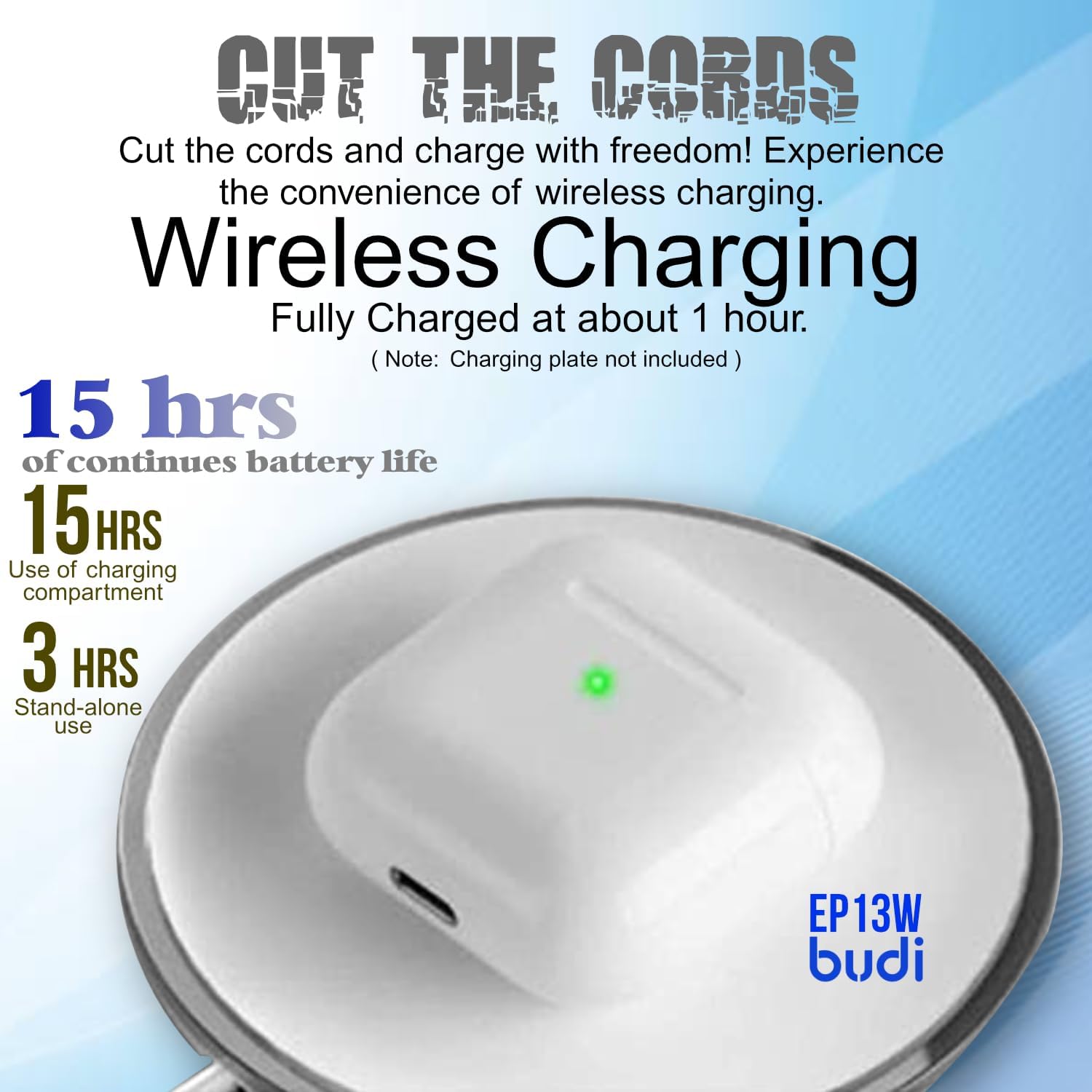 Budi Earbuds TWS/Wireless Charger BT | 15 Hours | 5.0 Bluetooth | High-Fidelity Stereo Loudspeakers | Noise Cancelling | Compatible with Galaxy S2,S21+,S21, Note 20,10, etc. - White