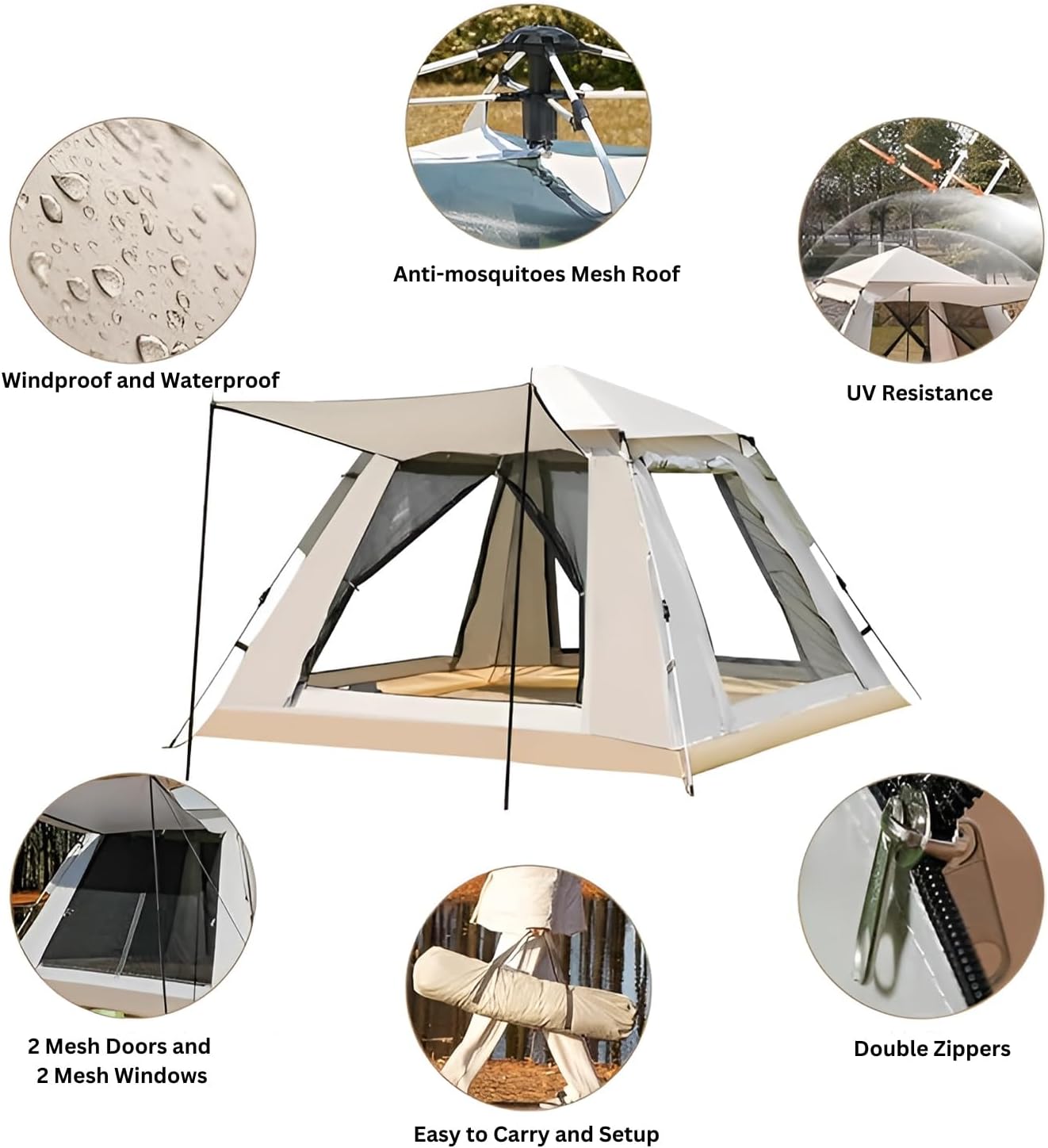 HEXAR Camping Tent Automatic Instant Pop-Up Tent Lightweight Portable Tent Outdoor Camping Waterproof Windproof Camping Tent and Mesh Windows 2 Doors with Carry Bag