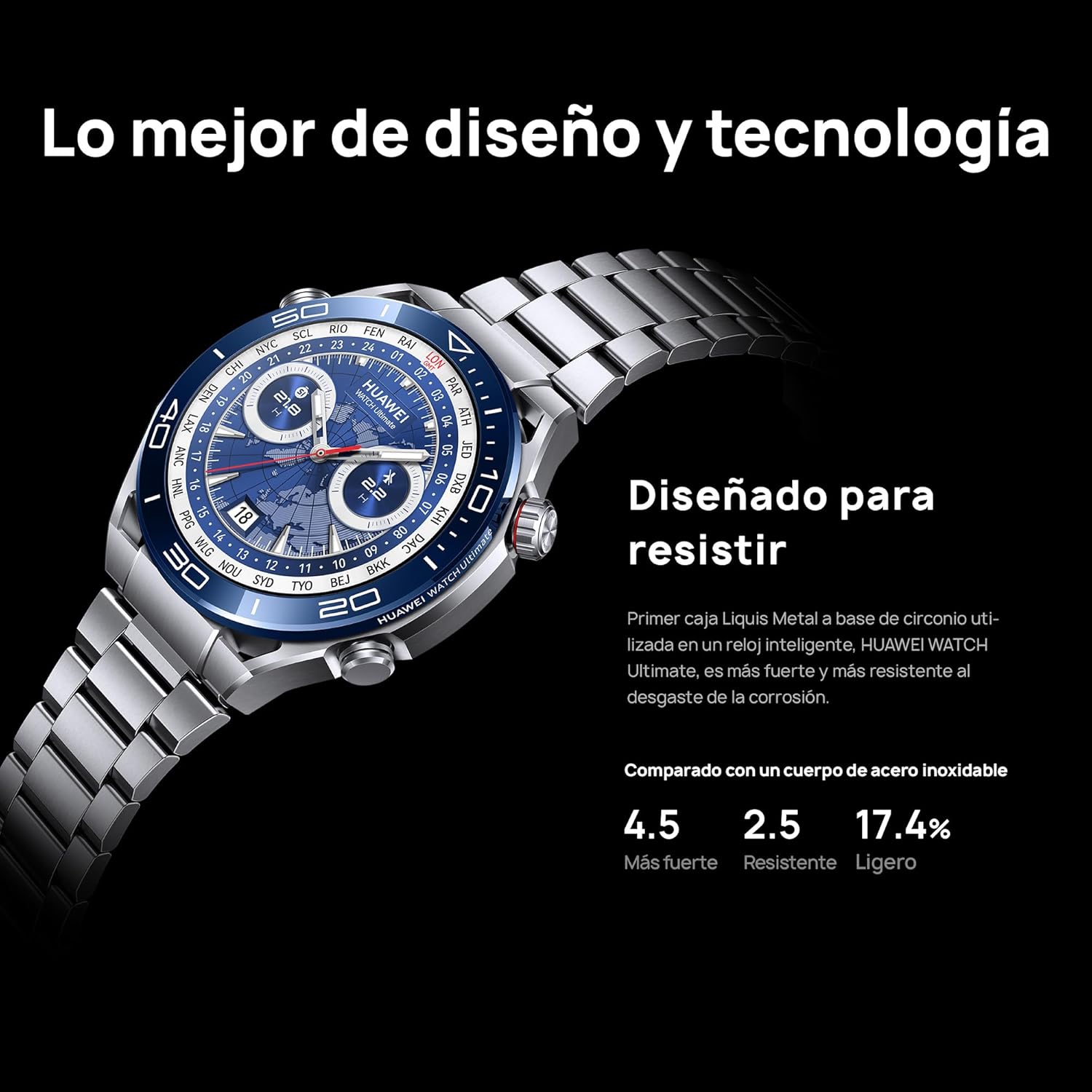 Huawei WATCH Ultimate, 1.5-inch AMOLED dial, zirconium-based liquid mineral, nano-ceramic bezel, 100m water resistant, up to 14 days battery life, Android and iOS compatible, titanium strap