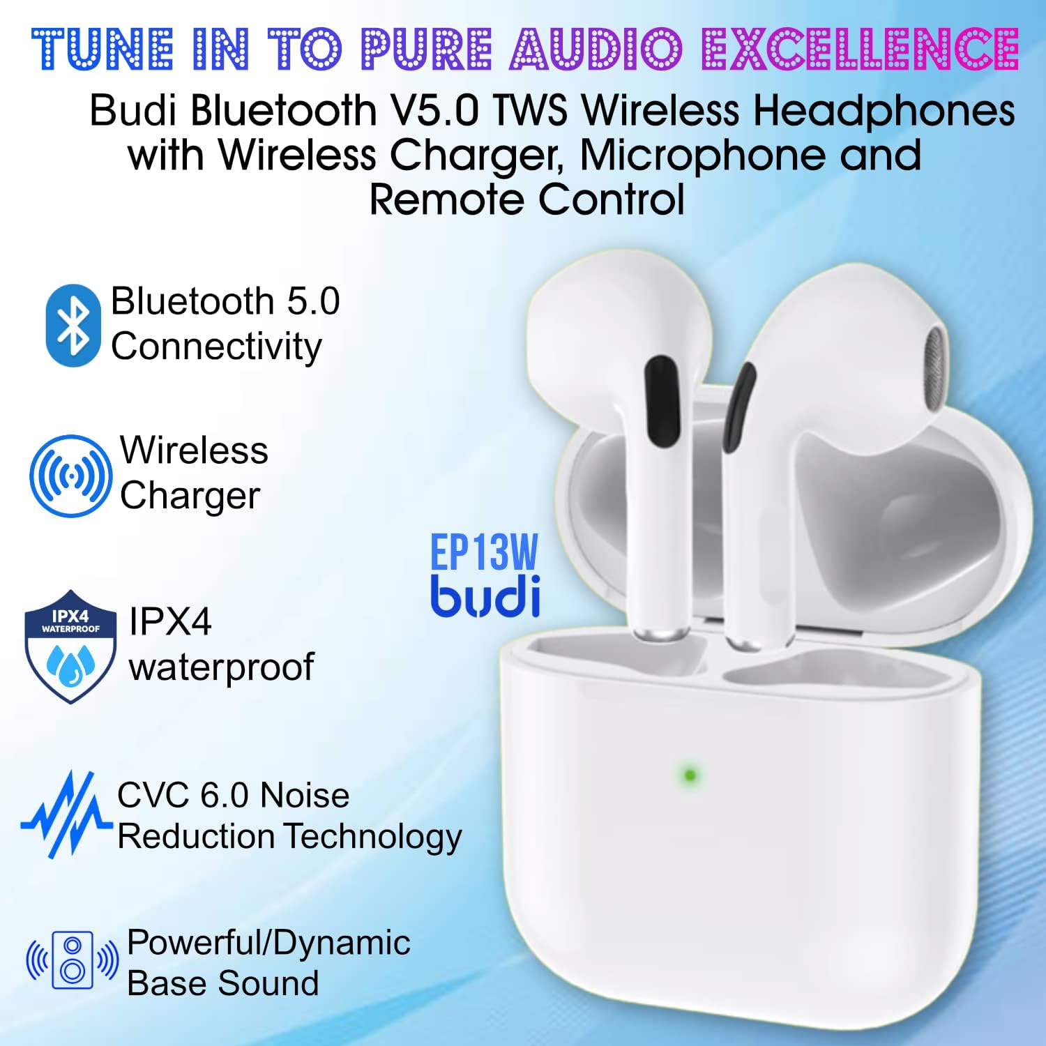 Budi Earbuds TWS/Wireless Charger BT | 15 Hours | 5.0 Bluetooth | High-Fidelity Stereo Loudspeakers | Noise Cancelling | Compatible with Galaxy S2,S21+,S21, Note 20,10, etc. - White