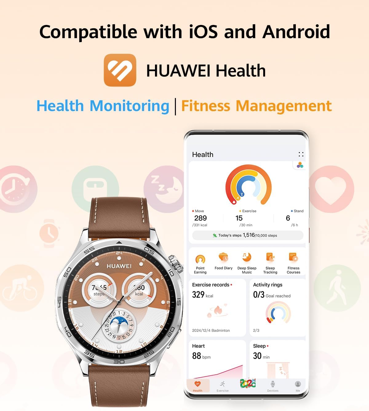 HUAWEI WATCH GT5 46mm Smartwatch, upto14 Days Battery Life, Sharp-Edged Design, Health Tracking, iOS & Android Compatible, 3 Months HUAWEI Care+, Brown
