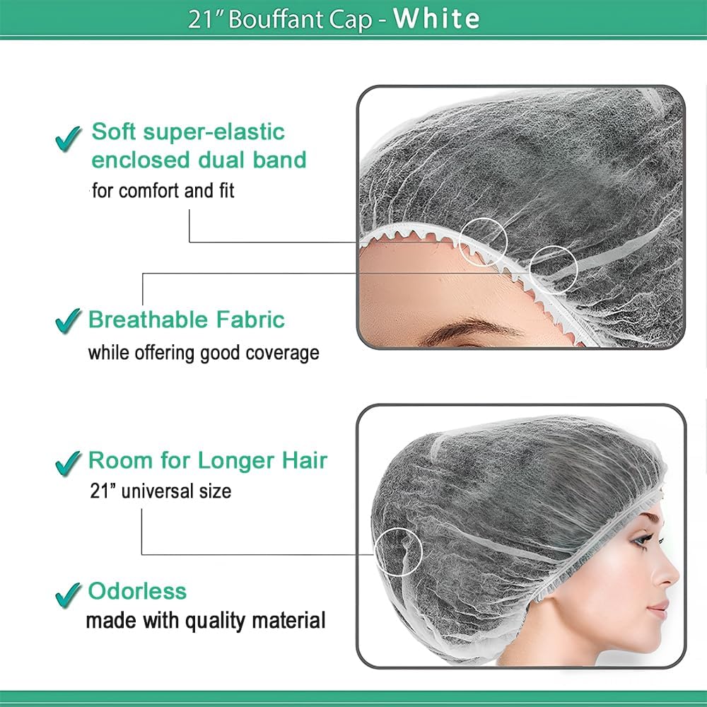100 Pcs White Disposable Hairnet Head Cover Elastic Bouffant Cap Non-Woven Hair Covering Net for Medical Hospital Lab Restaurants Spa Salons