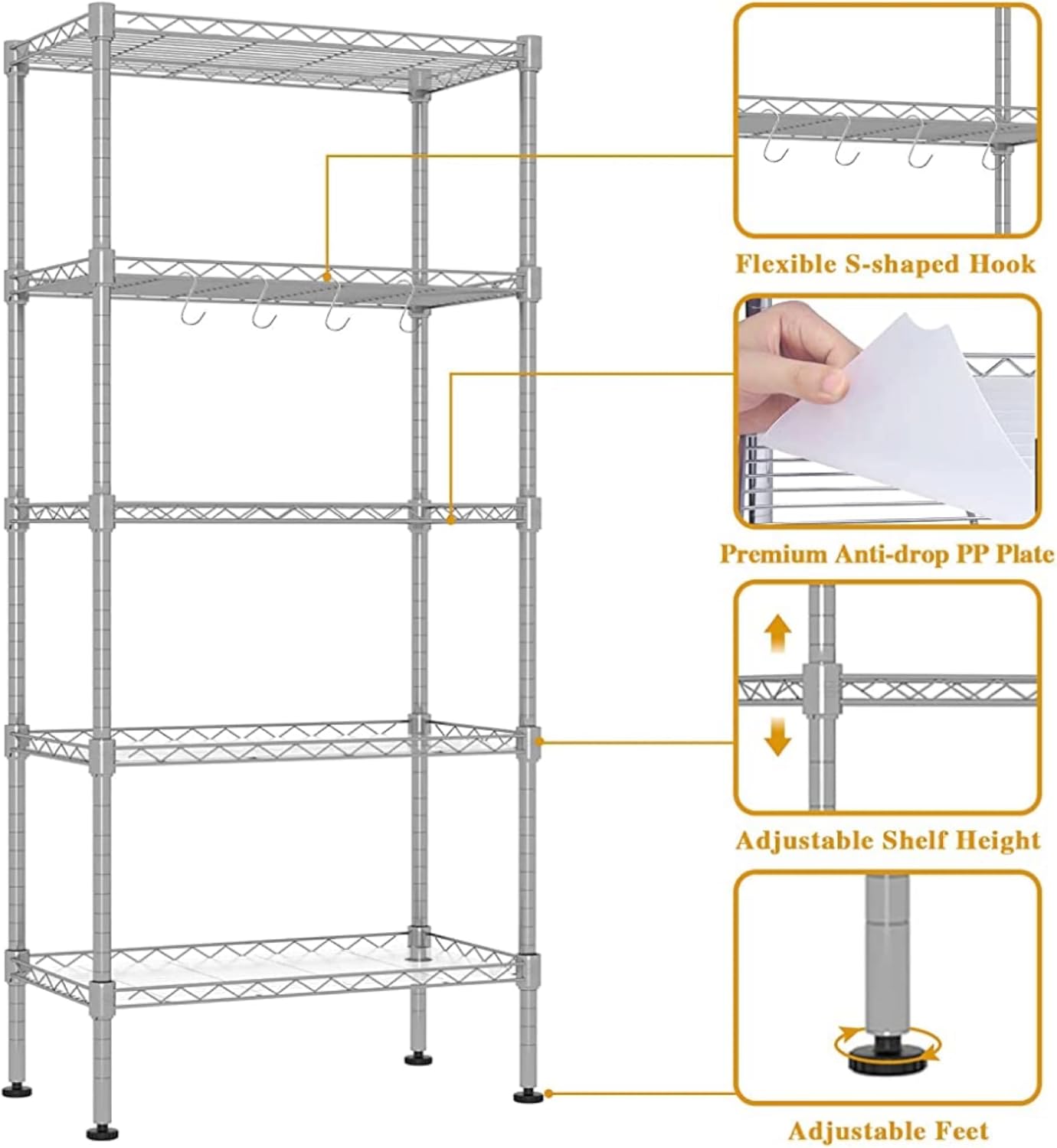 HEXAR 5-Tier Wire Storage Shelving Rack Unit for Home, Bathroom, Kitchen, Office, Garage 5 Shelves Unit Metal Kitchen Storage Rack (BLACK)