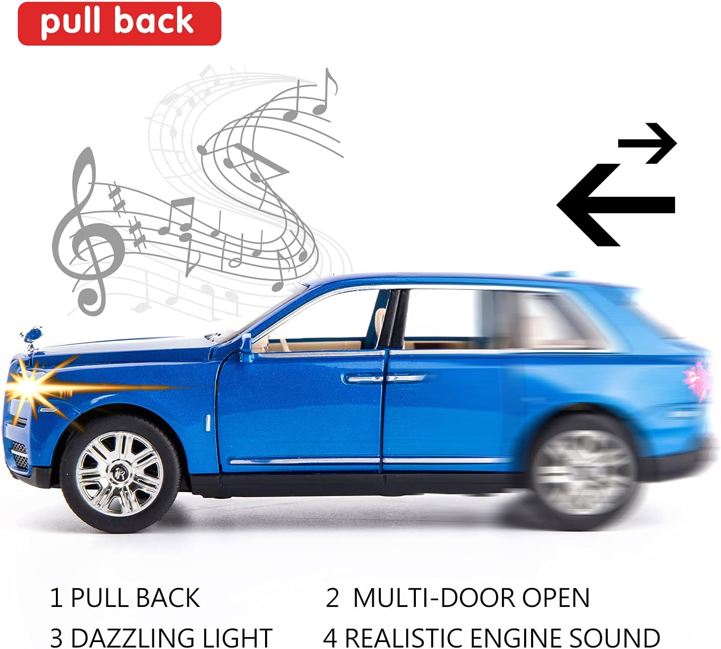 BDTCTK 1/24 Scale Rolls-Royce Cullinan SUV Model Car Toy, Zinc Alloy Pull Back Diecast Toy Cars with Sound and Light for Kids Boy Girl Gift(Blue)