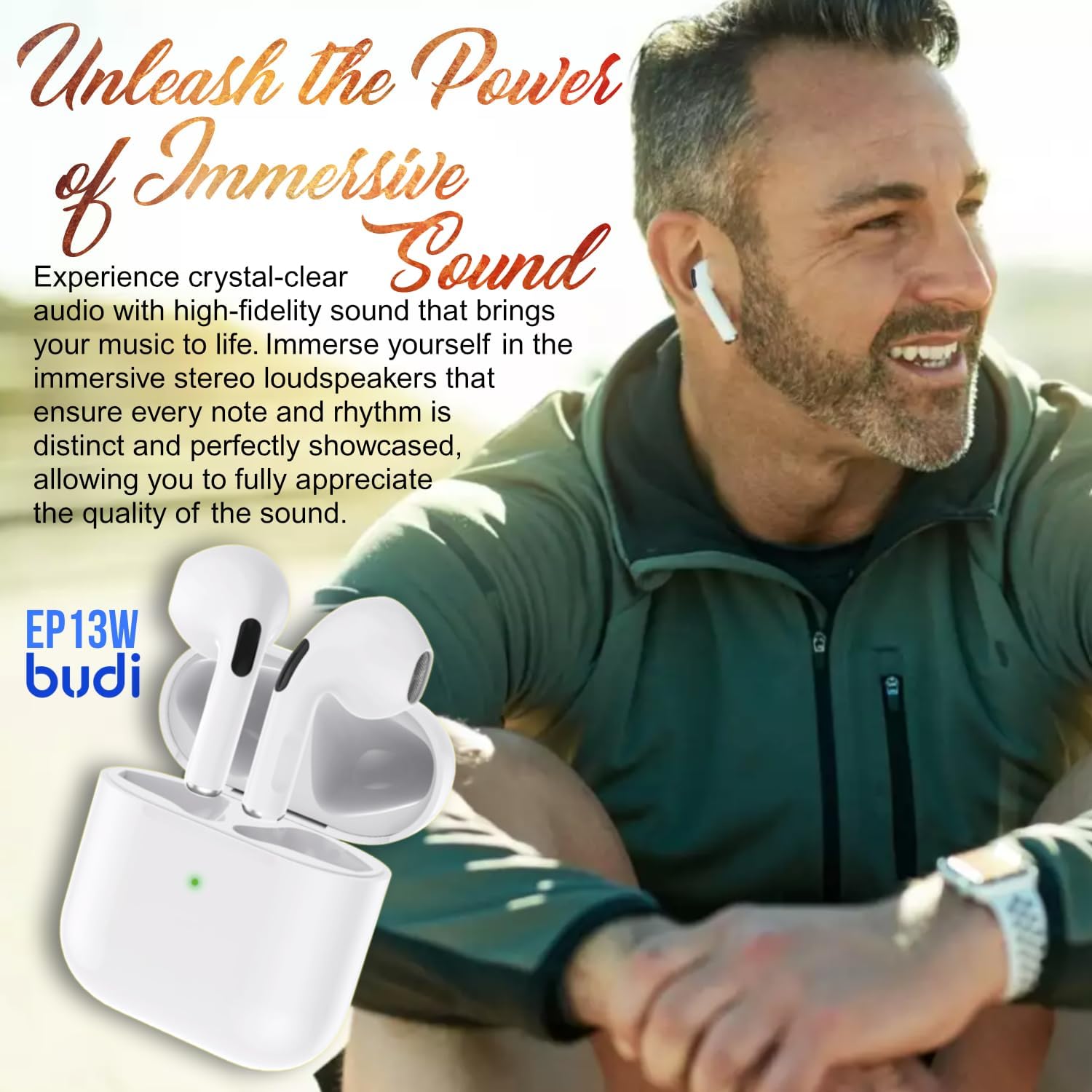 Budi Earbuds TWS/Wireless Charger BT | 15 Hours | 5.0 Bluetooth | High-Fidelity Stereo Loudspeakers | Noise Cancelling | Compatible with Galaxy S2,S21+,S21, Note 20,10, etc. - White