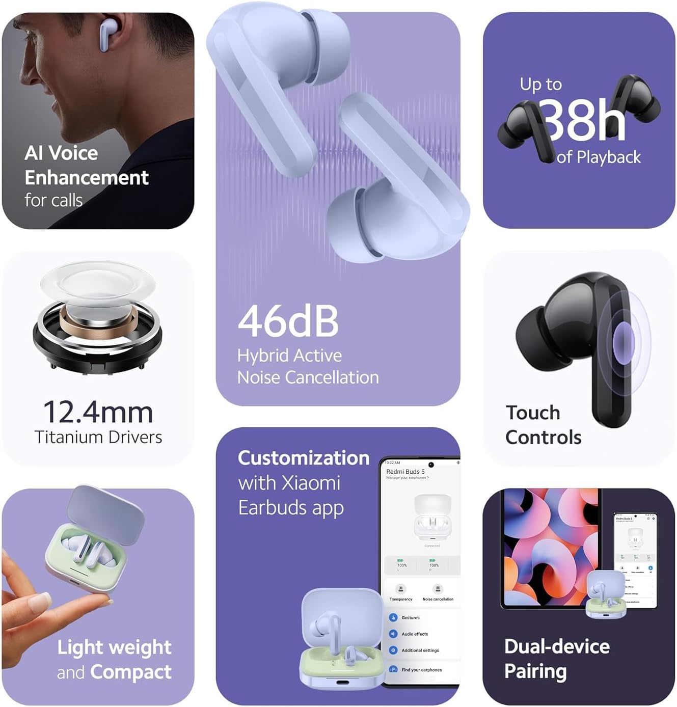 Xiaomi Redmi Buds 5 Wireles Earbuds, Bluetooth 5.3 in-Ear Headphones, 46dB Active Noise Cancellation, Up to 40H Battery, Dynamic Driver, 5ATM Waterproof - White