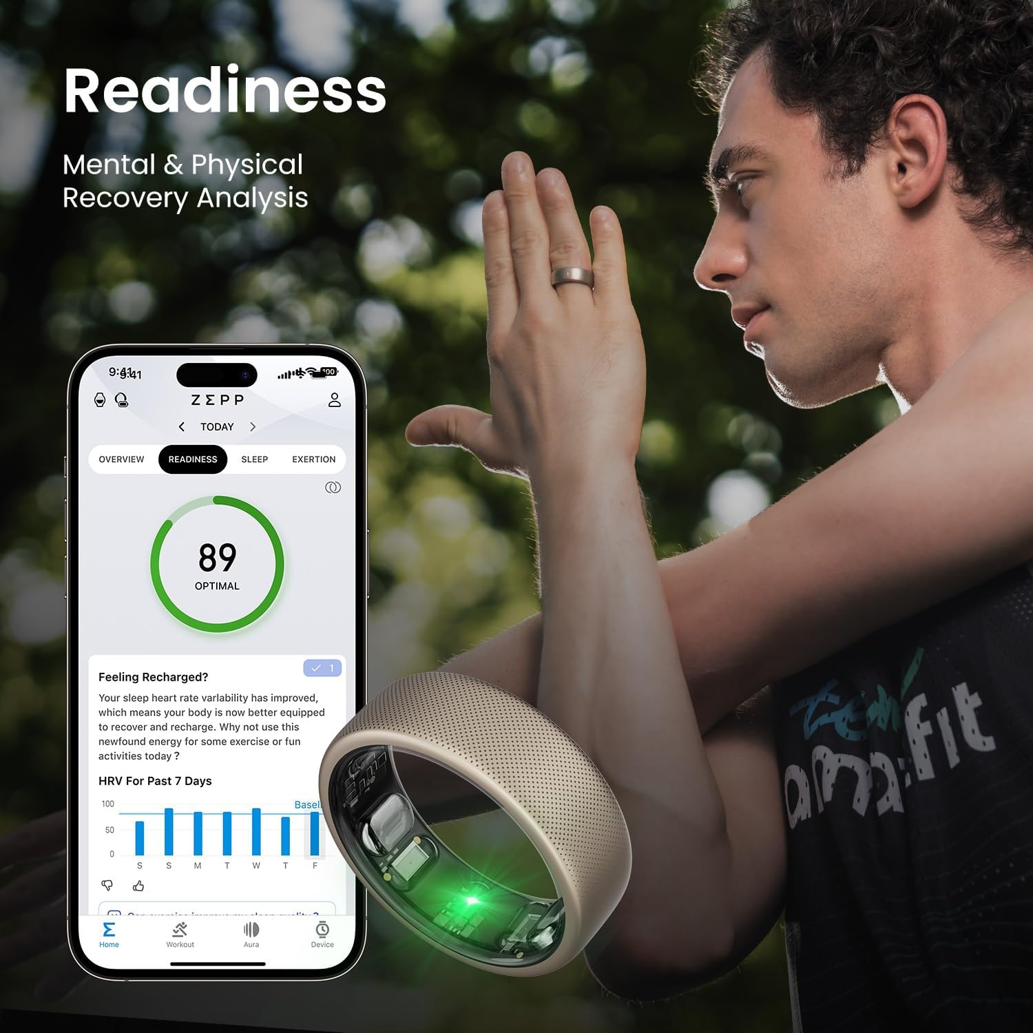 Amazfit Helio Smart Ring, No Subscription, Monitor Sleep, Heart Rate, Stress, Fast 1.4 Hour Charging, iPhone and Android, Titanium Alloy, Swim/Shower Water-Resistance (Size 10)