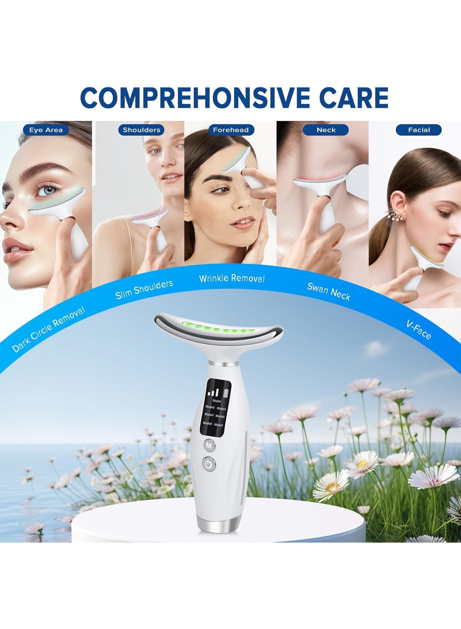 Eworld Neck Face Massager with 7 color modes LED Facial Massager with Heat 45±5°C, Microcurrent and Sonic Vibration for Anti-Aging, Wrinkle Reduction, Skin Firming & Neck Lifting