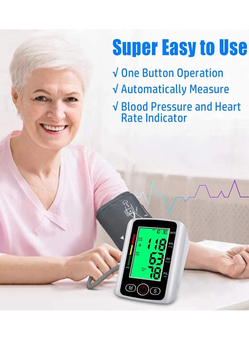 Digital Upper Arm Blood Pressure Monitor, Professional Heartbeat Tonometer with Adjustable Cuff, Accurate Readings, IHB Detection and Memory for 2 Users (99 Sets), Portable Health Care Device for Home Use