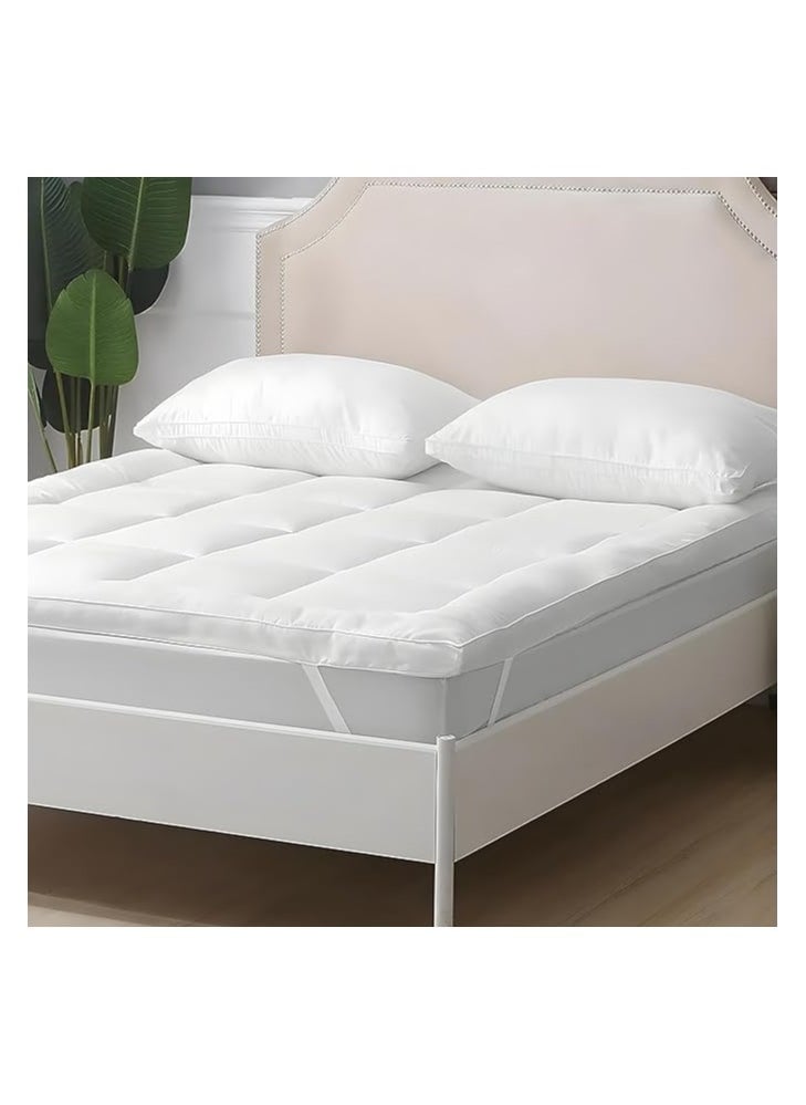 غطاء مرتبة مريح محشو بالألياف بتصميم فندقي، مقاس 180 × 200 × 10 سم، مخطط باللون الأبيض