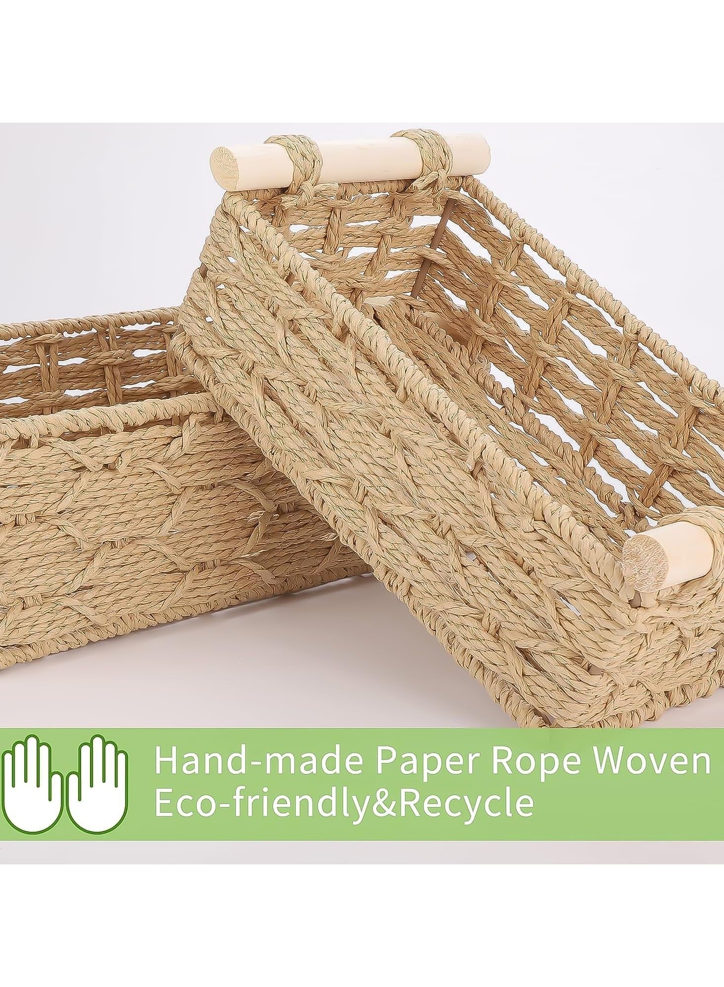 Set of 2 Rectangular Woven Storage Baskets with Washable Liners, Paper Rope Straw Rattan Baskets for Organizing with Handles, Ideal for Cosmetics, Toys, Books, and Daily Essentials