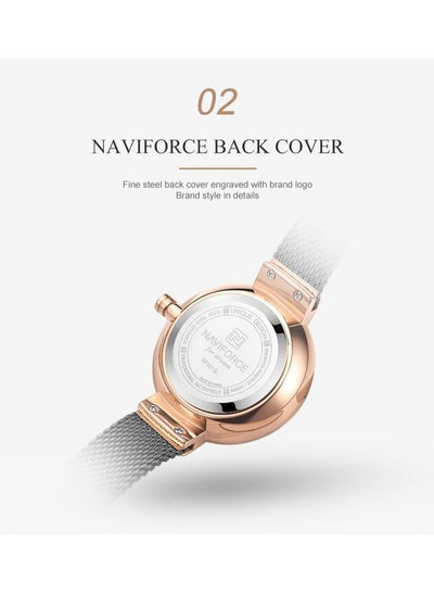 ساعة NAVIFORCE النسائية الفاخرة ذات التصميم الإبداعي، ساعات بسوار شبكي من الفولاذ المقاوم للصدأ للسيدات NF5013