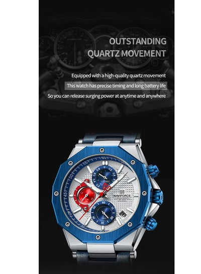 NAVIFORCE NF8028 ساعات كوارتز عصرية للرجال بحزام جلدي رياضي كرونوغراف ساعة معصم تاريخ تلقائي مقاوم للماء ساعات رجالية مضيئة