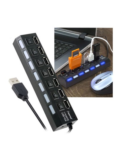 منفذ USB HUB بـ 7 منافذ 2.0 عالي السرعة مع مفتاح تشغيل/إيقاف ومحول مصباح LED