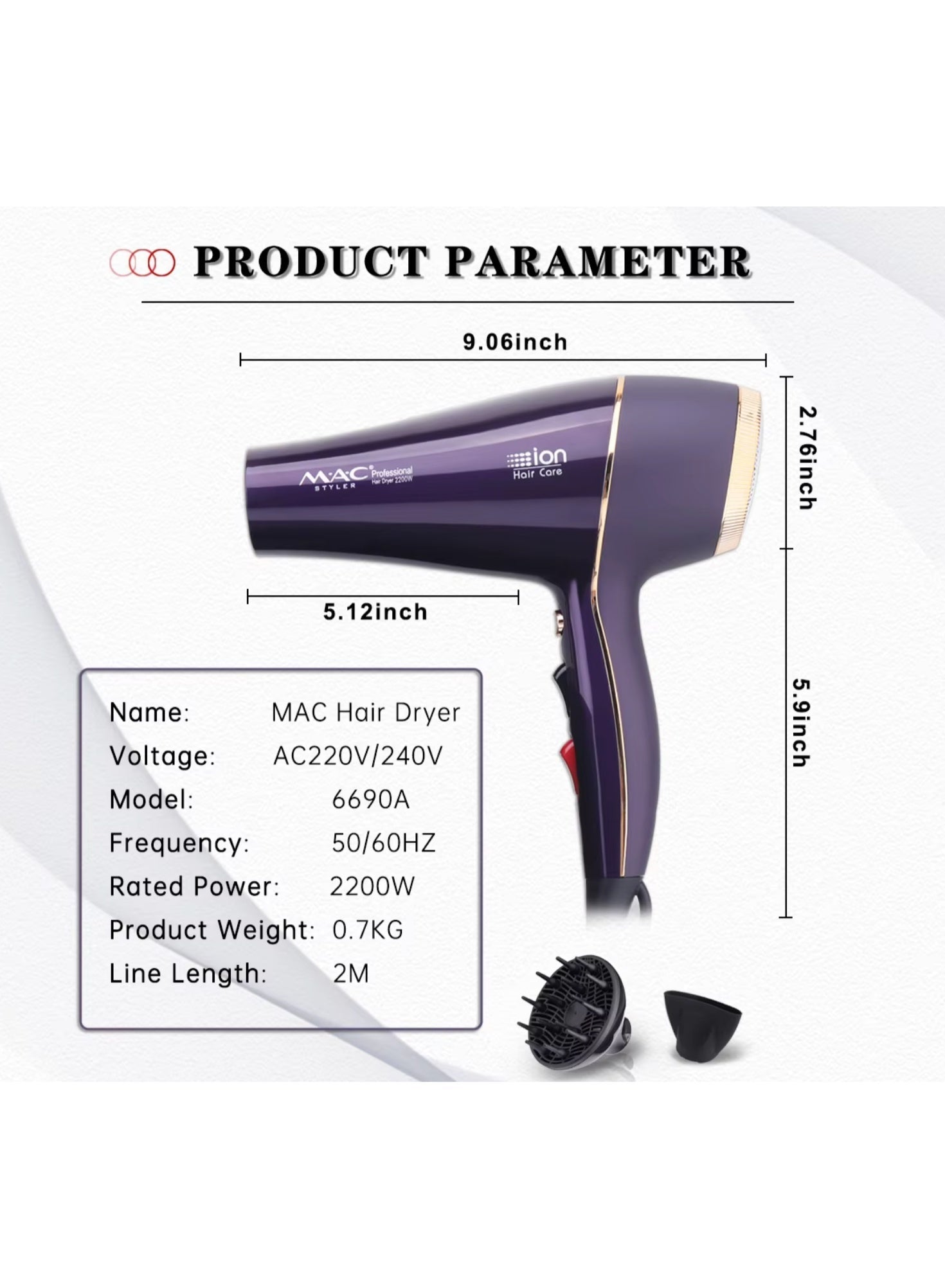 Mac Styler Professional Hair Dryer Durable Salon 2200W High Speed Hair Dryer Styling Tool Powerful Hair Dryer Set MC-6690A