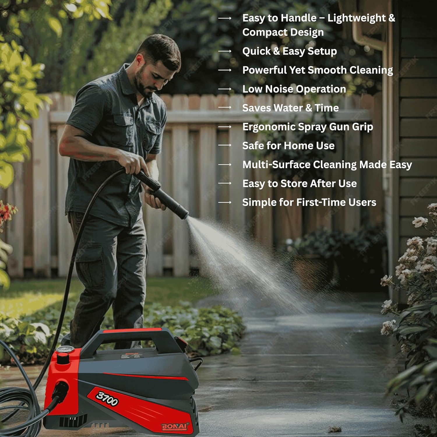 BONAI 3700W High Pressure Washer BN-HK73, 10L/min Flow, 300MPa Jet Cleaner, Self-Priming Car Washer, Portable Electric Water Cleaning Machine for Patio, Garden, Driveway & Outdoor Use