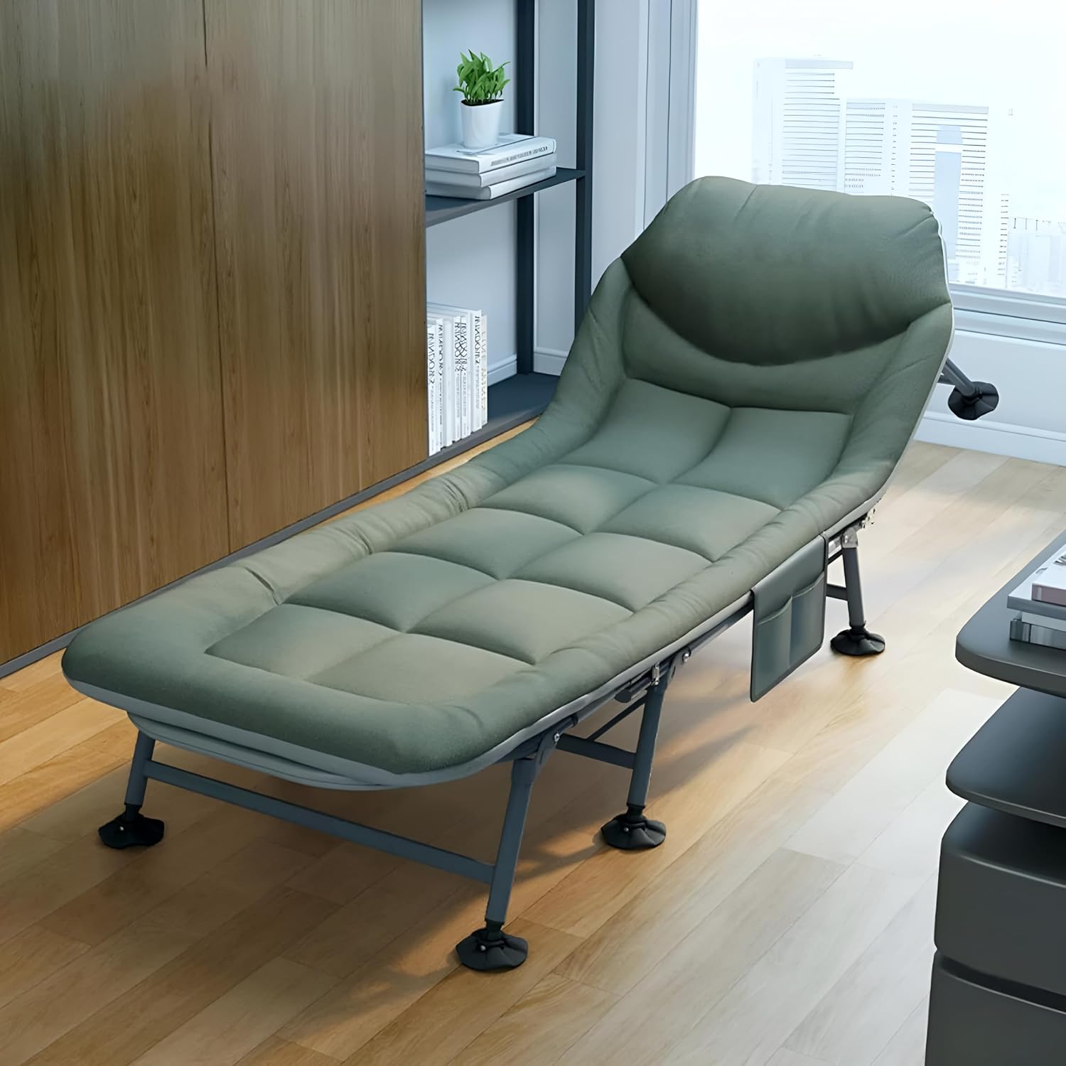 HEXAR Premium Camping Cot Comfortable Folding Bed 160 KG Capacity 8 Legs Portable Bed 6 Angle Luxury Recliner Lounge Chair Sleeping Mattress Indoor Outdoor Office Lounger Adult Beach Bed (Dark Green)