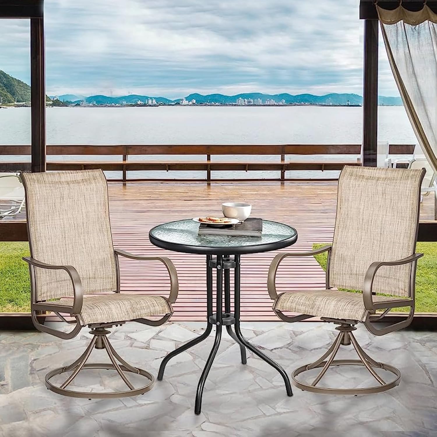 HEXAR Outdoor Table Round Patio Table Coffee Table Side Table Garden Table Outdoor Indoor Furniture with Metal Frame and Tempered Water Ripple Glass Top for Garden Backyard Porch Deck (CLASSIC)