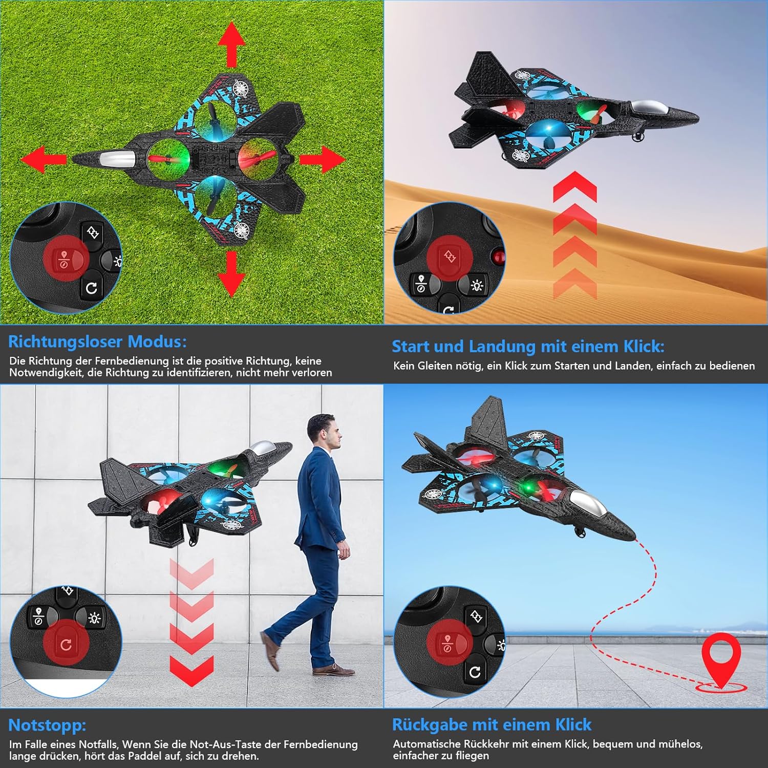 AWH Henakmsl RC Aeroplane 2.4GHz Remote Controlled Aeroplane L0712 Quadcopter Floating Fighter Plane RC Aeroplane RTF for Beginners, Children and Adults, APlane Toy with Coloured Lights USB Charging