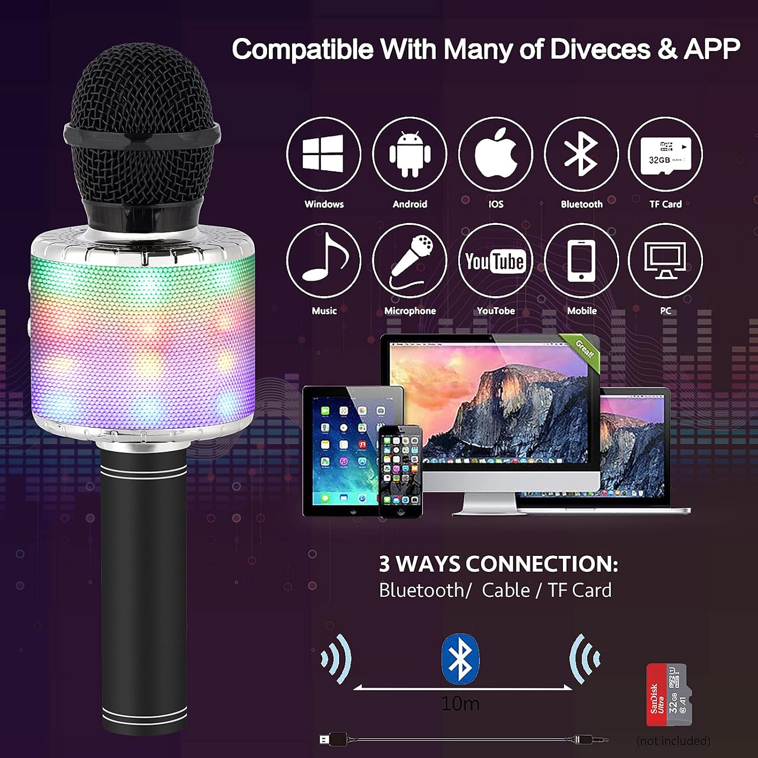 Milerong Microphone for Kids Karaoke Singing, 5 in 1 Wireless Bluetooth Karaoke Machine with LED Lights, Portable Mic Speaker Player Recorder for Home Party, Black