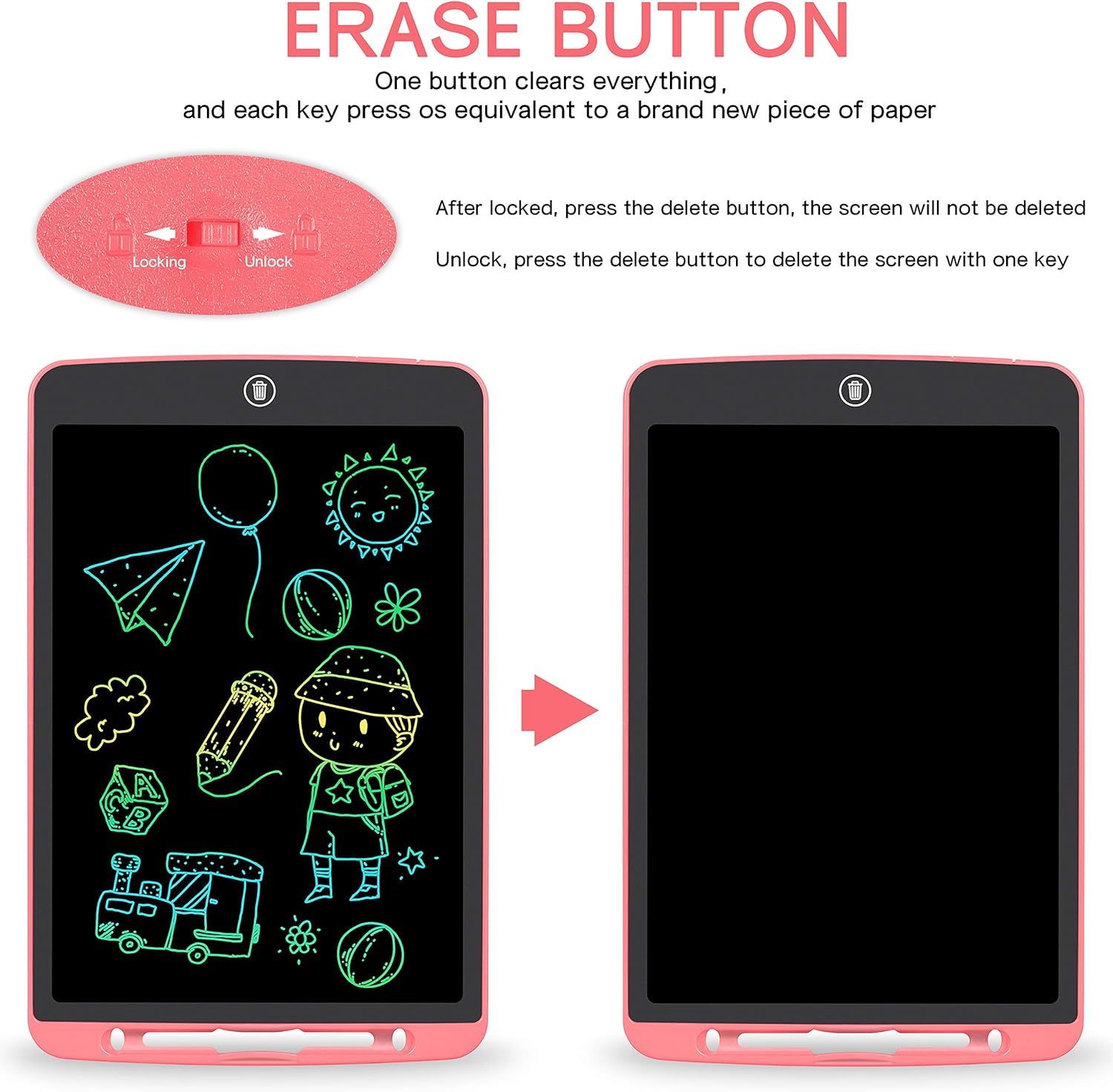 STREET WALK LCD Writing Tablet for Kids,12 Inch Colorful Educational Drawing Tablet, Erasable Reusable Electronic Writing Board, Toddler Doodle Board, Learning Toy Gift for Boys Girls Ages 3-8(Pink)