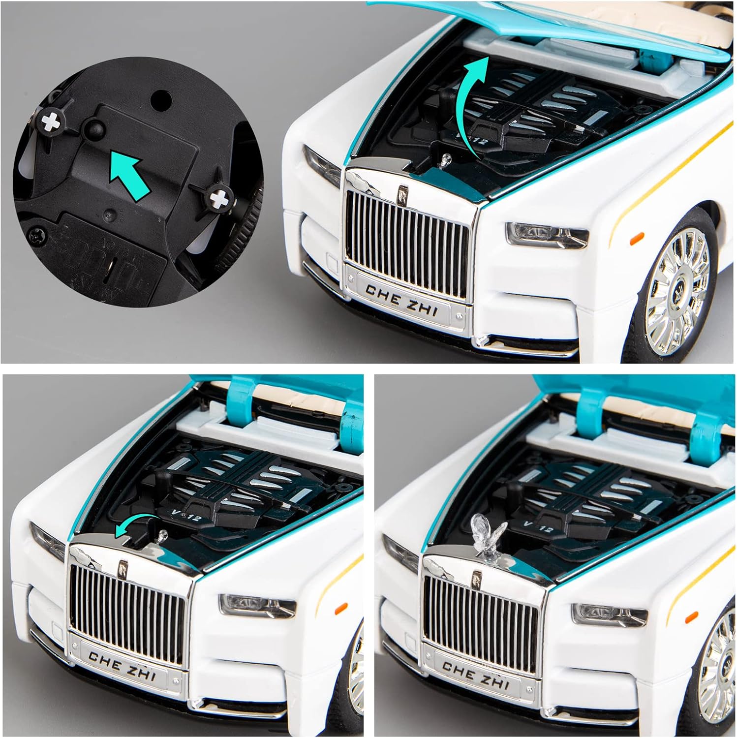 BDTCTK 1/24 Rolls-Royce Phantom Model Car,Zinc Alloy Pull Back Toy Diecast Toy Cars with Sound and Light for Kids Boy Girl Gift(Blue-White)