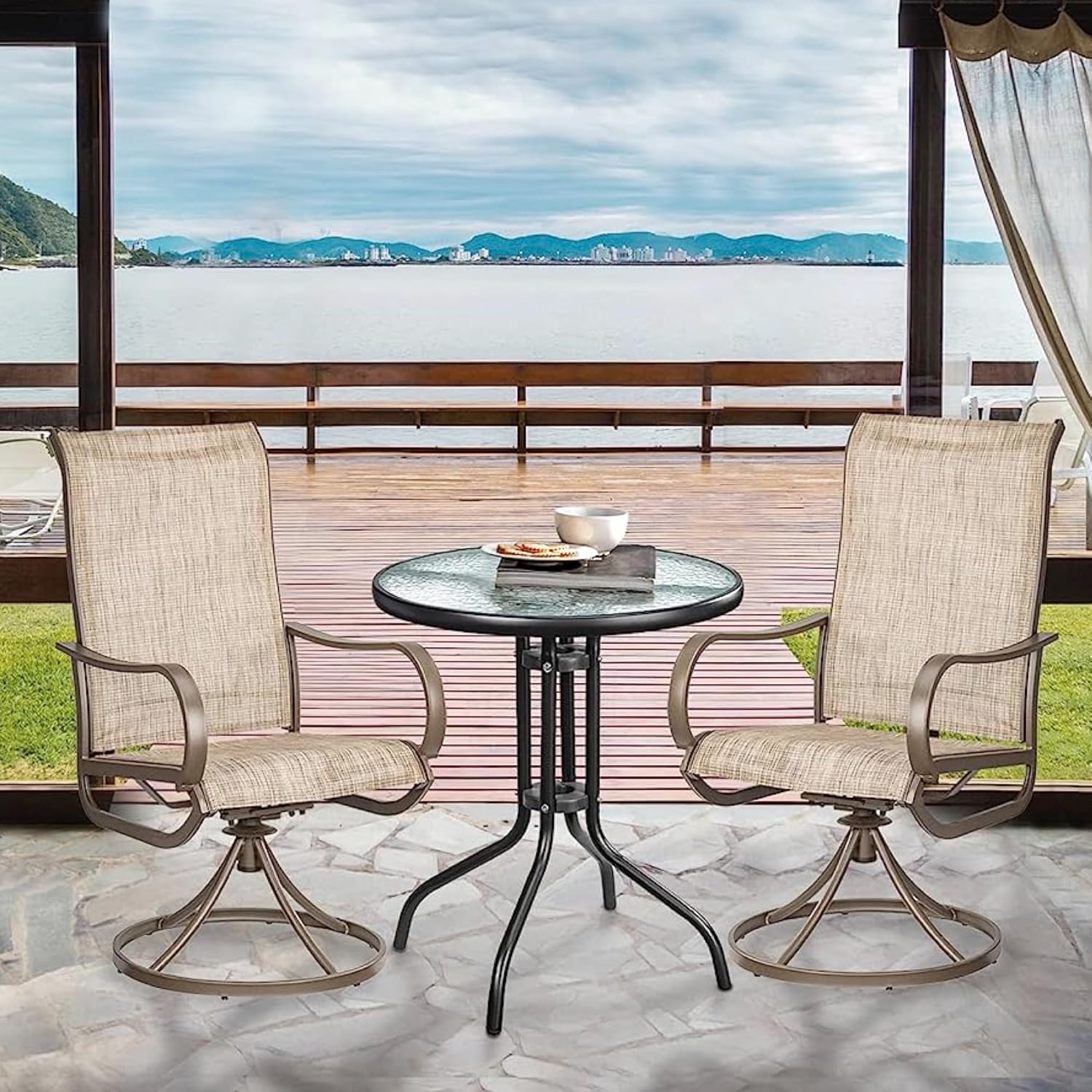 HEXAR GECKO Round Patio Coffee Side Garden Table - Outdoor Furniture with Metal Frame and Tempered Water Ripple Glass Top for Garden, Backyard, Porch, Deck