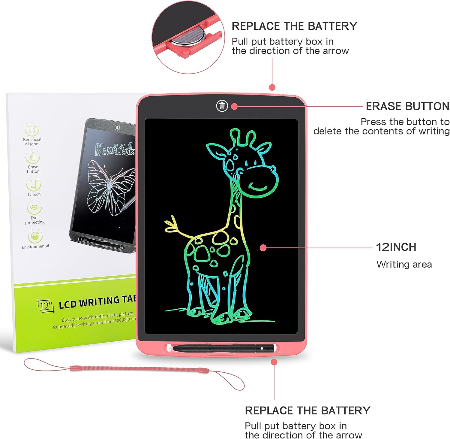 STREET WALK LCD Writing Tablet for Kids,12 Inch Colorful Educational Drawing Tablet, Erasable Reusable Electronic Writing Board, Toddler Doodle Board, Learning Toy Gift for Boys Girls Ages 3-8(Pink)