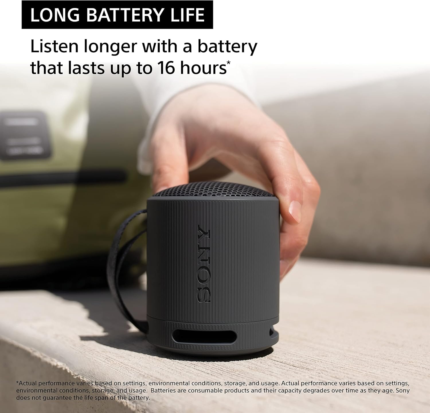 Sony SRS-XB100 Wireless Bluetooth Portable Lightweight Super-Compact Travel Speaker, Extra-Durable IP67 Waterproof & Dustproof, 16 Hour Battery, Versatile Strap, and Hands-Free Calling, Black New